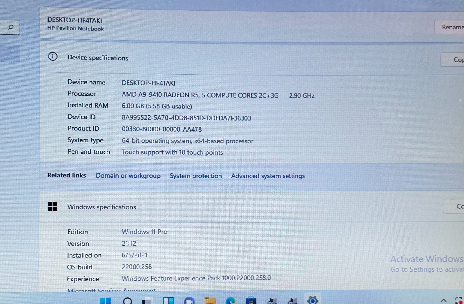 HP PAVILION15-AW003CY AMD A9-9410 RADEON R5@2.90GHz 6GB RAM 1TB HDD WIN-11P*READ