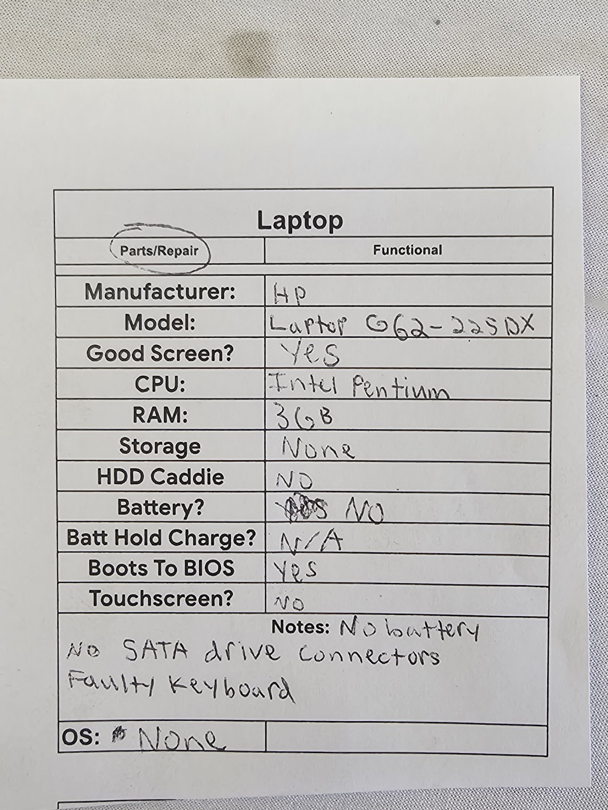 HP G62-225DX Laptop – Intel Pentium – 3GB RAM – NO BATT – NO HDD/OS – Parts READ