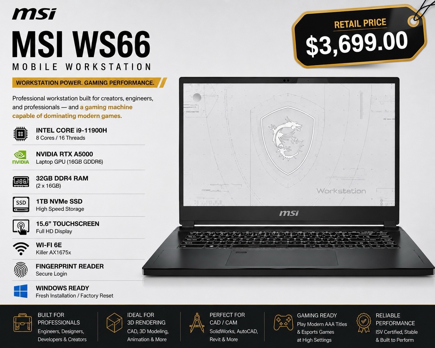 MSI RTX 5000 15.6″ (1TB SSD, Intel Core i9 11th Gen., 4.90 GHz, 32GB)