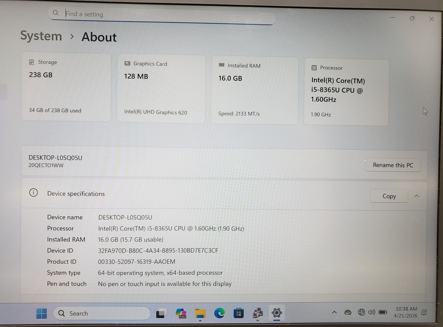 Lenovo ThinkPad X1 Carbon Gen 7 Laptop, i5-8th 16GB 256GB, Backlit KB Win 11 Pro