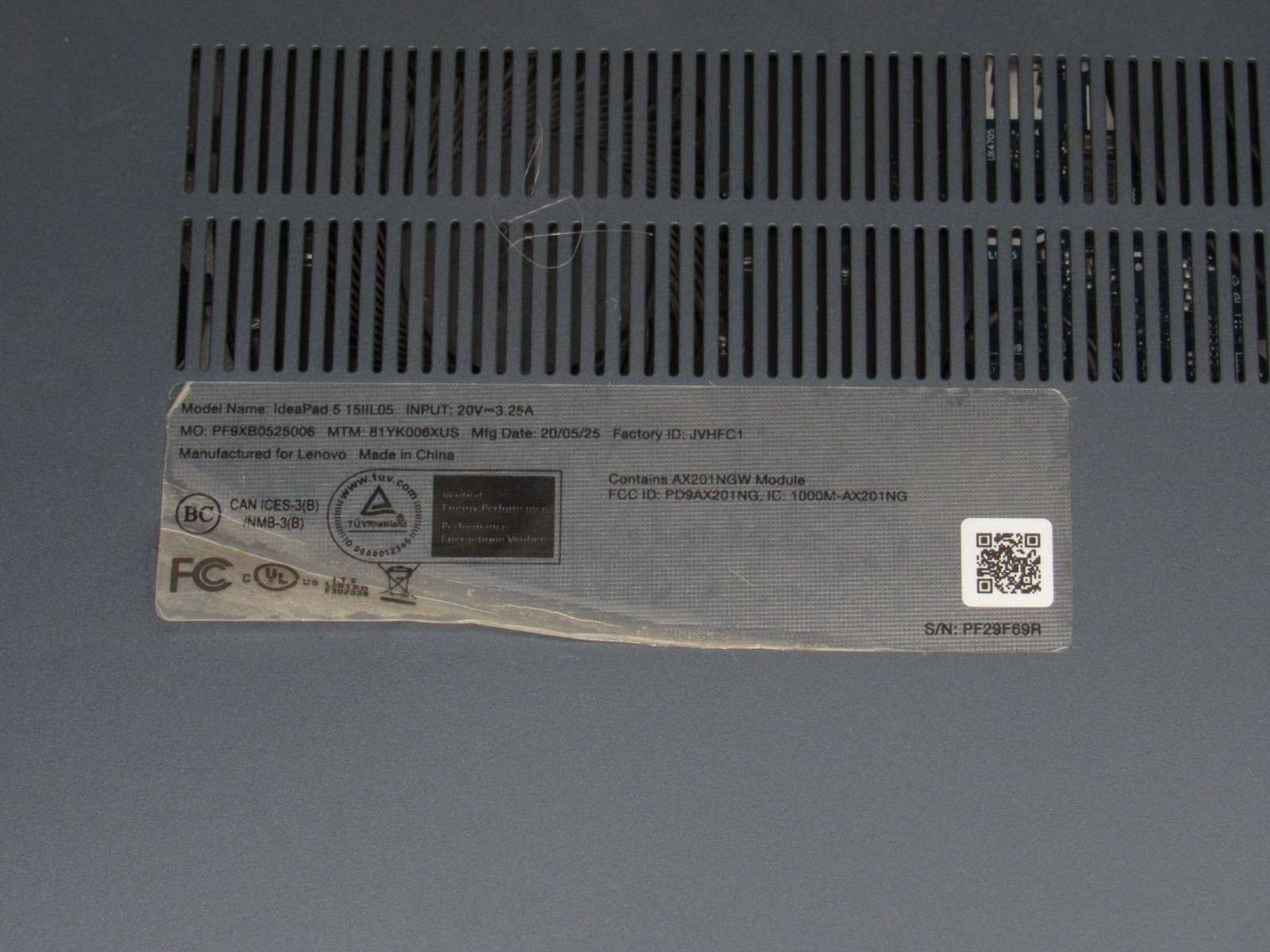 Lenovo IdeaPad 5 15IIL05 Laptop – For Parts/Repair – Unable to Verify Specs