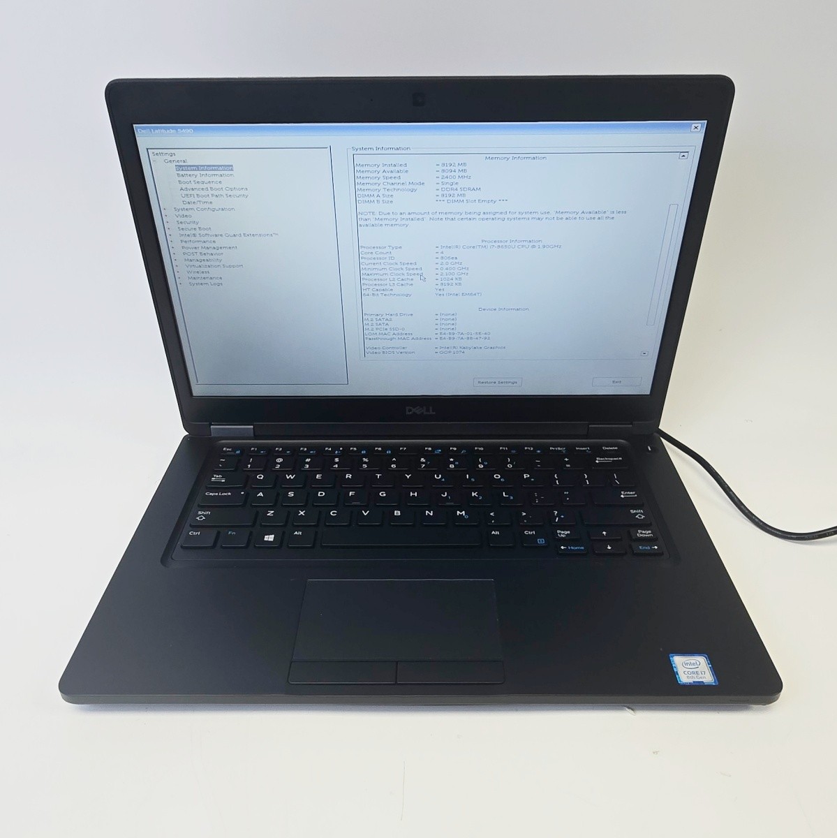 Dell Latitude 5490 Laptop 14.0” i7-8650U 1.90GHz 8GB RAM No HDD/SSD 8Y0JY
