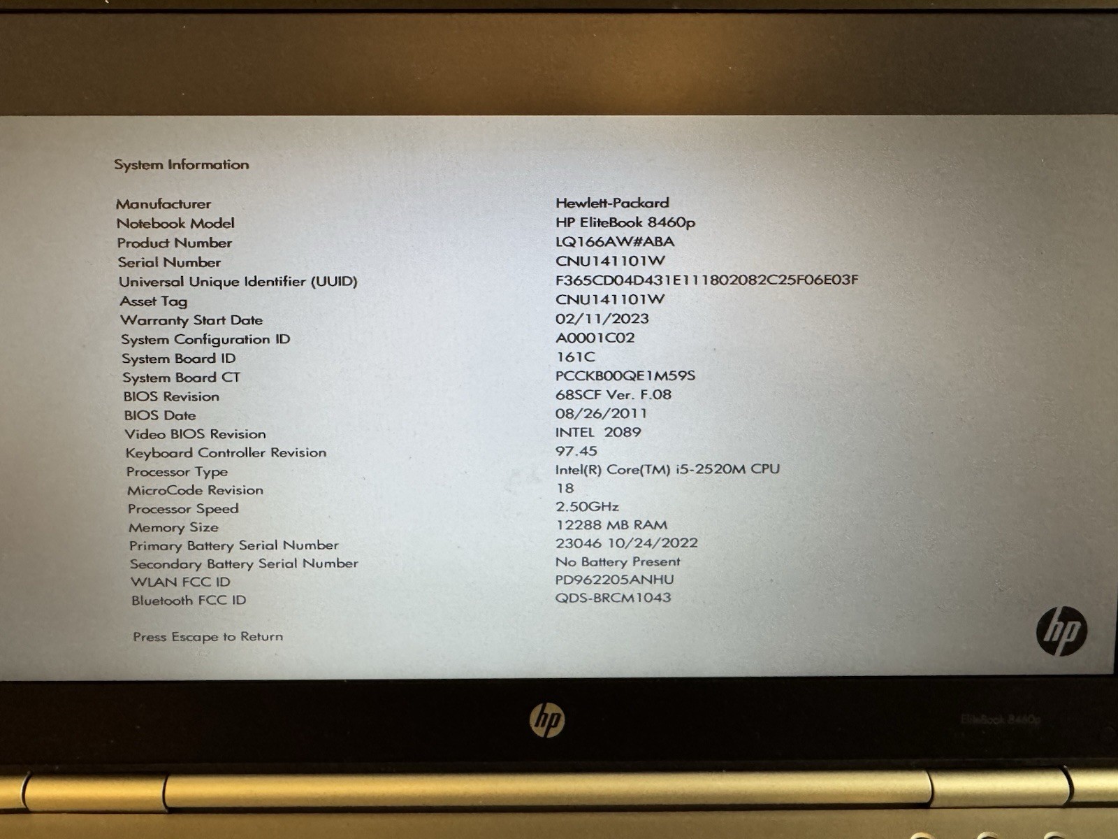HP EliteBook 8460p 14in Core i5 2.50GHz 12GB RAM