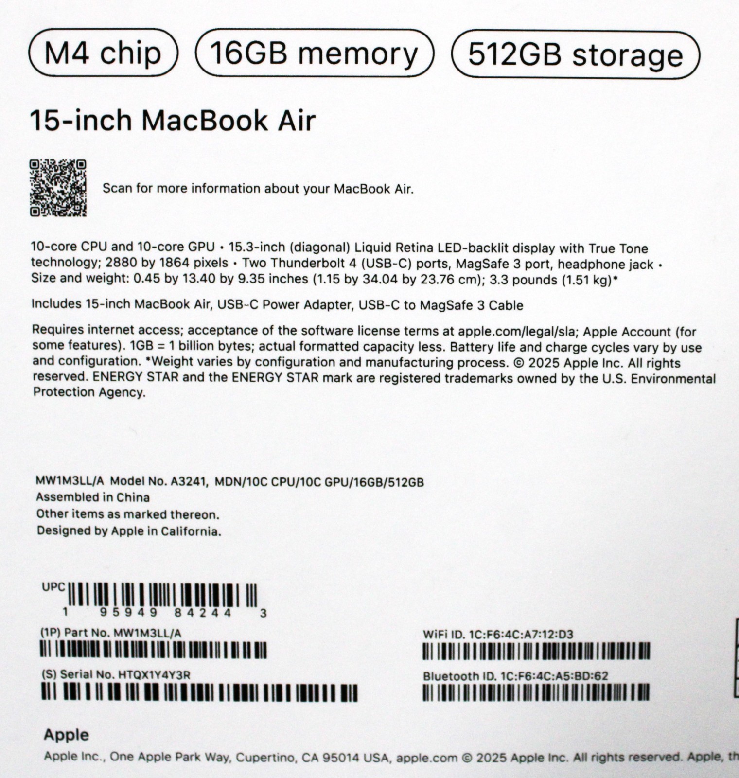 Apple | MW1M3LL/A | A3241 MacBook Air | 16Gb Memory | 512Gb Storage – Open Box