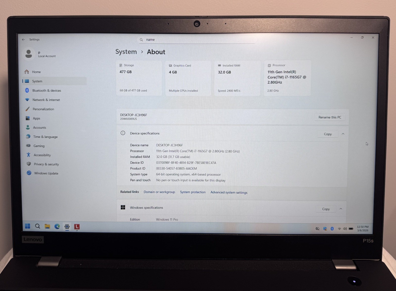 LENOVO ThinkPad P15s Gen2i i7 15.6″ 32GB RAM 512GB SSD WIN11P NVIDIA T500