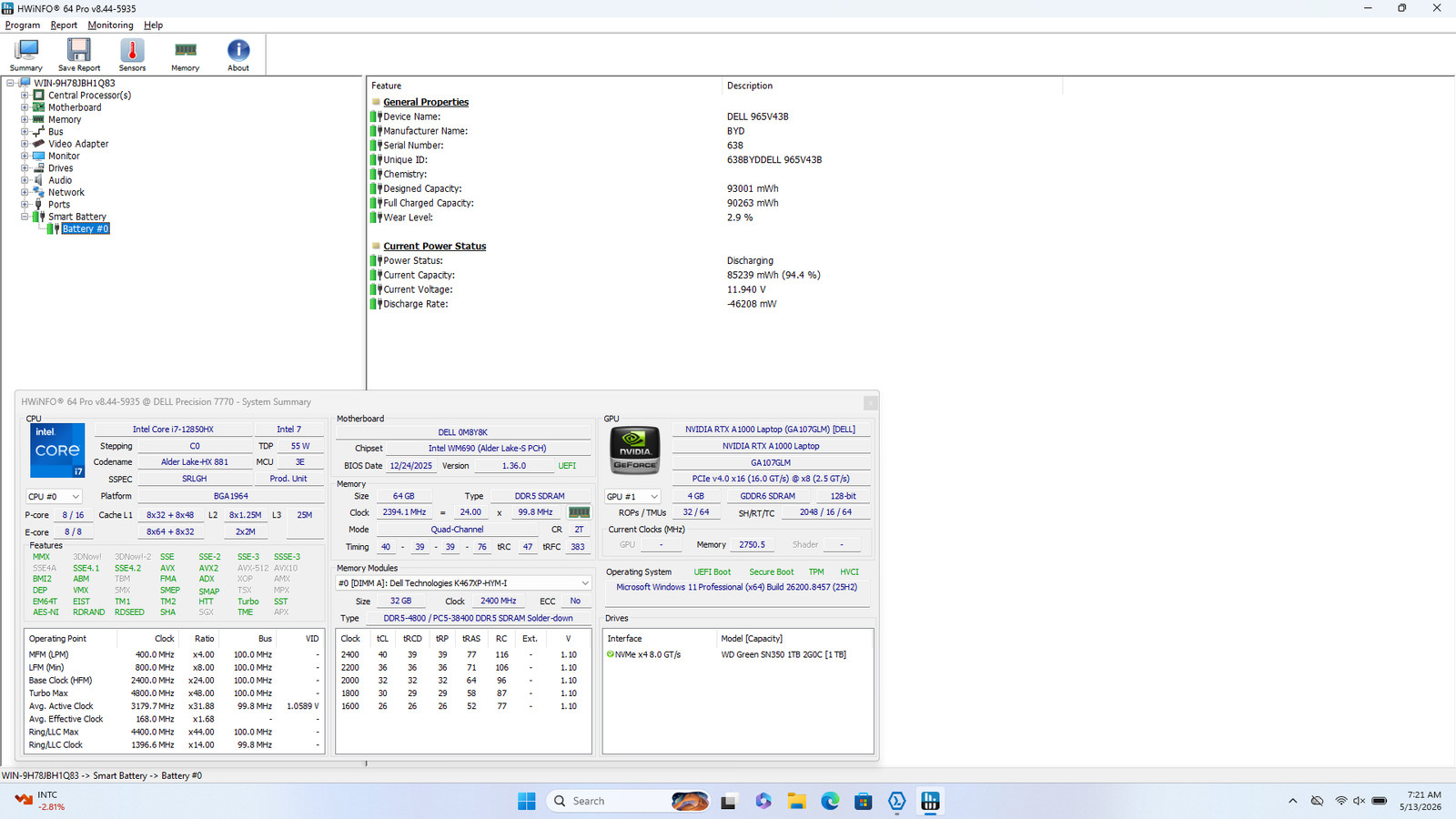 DELL Precision 7770 17″ FHD I7-12850HX 1TB 64GB W11P RTX A1000 5G GPS Warranty