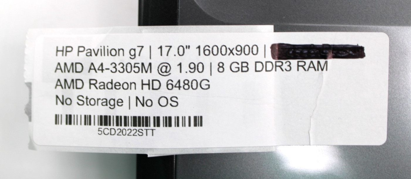 HP Pavilion G7 AMD A4-3305M@1.90GHz 8GB DDR3 NO STORAGE OR OS *USED/TESTED*