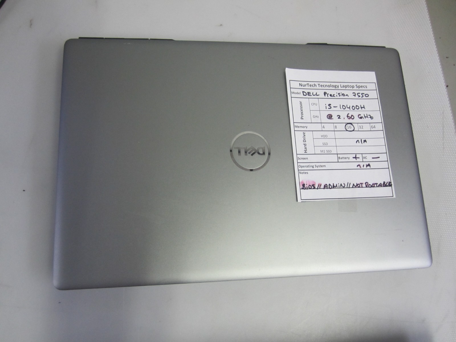 Dell Precision 7550 i5-10400H 2.60GHz 16GB NO HDD/AC/OS Laptop BIOS