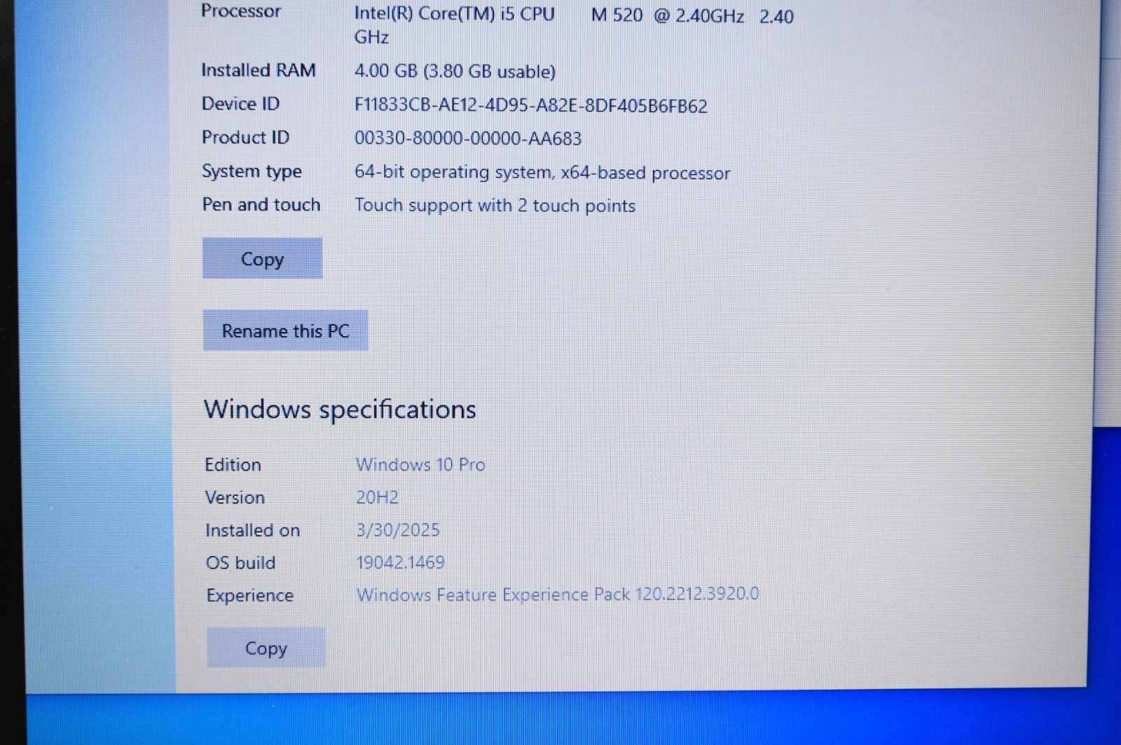 LENOVO THINKPAD T410s, Intel Core I5 M520, 4GB RAM, 128GB ssd (Windows 10 Pro)