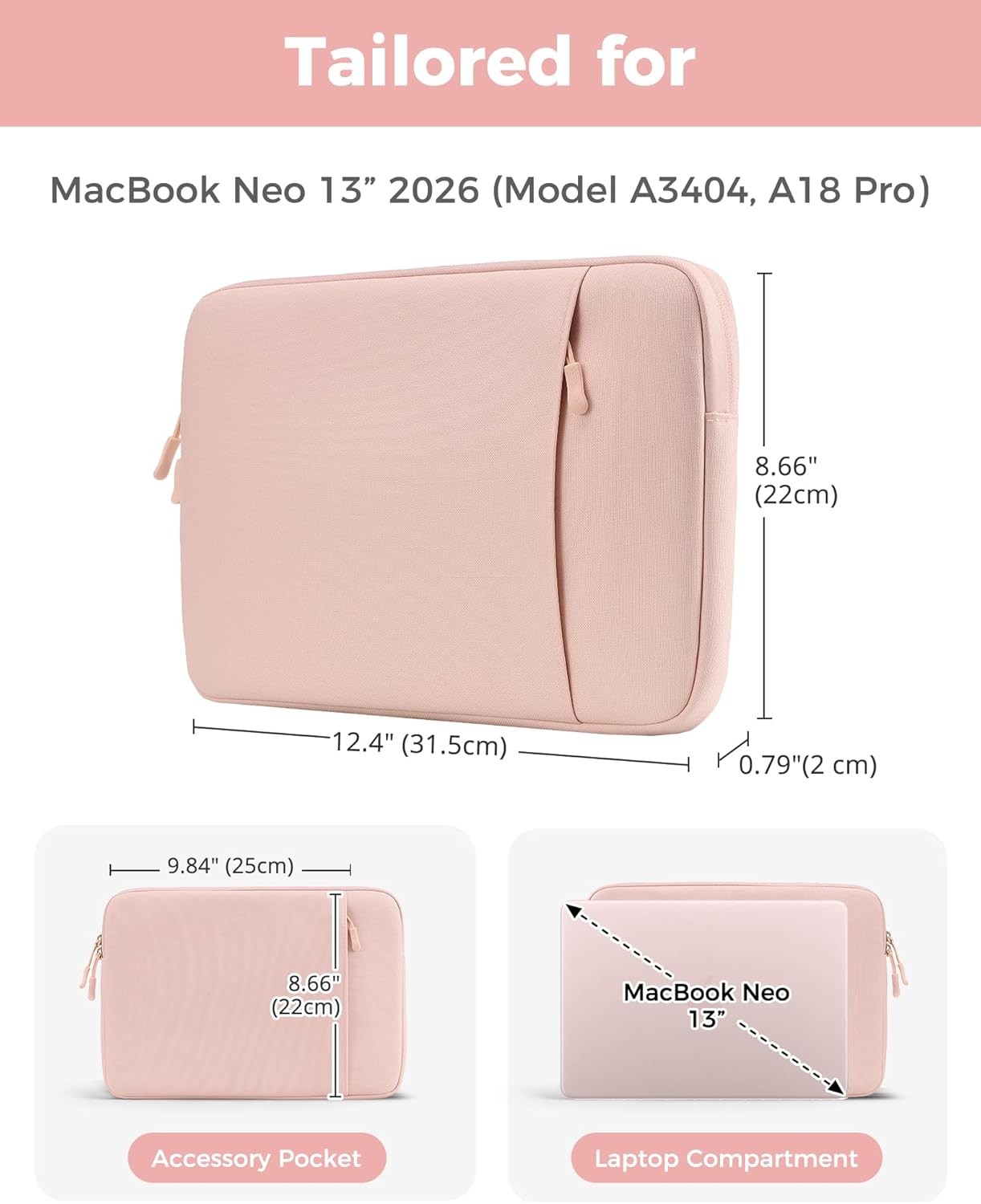 Slim Travel Case for MacBook Neo 13″ 2026 (Models A3404, A18 Pro), Blush Sleeve
