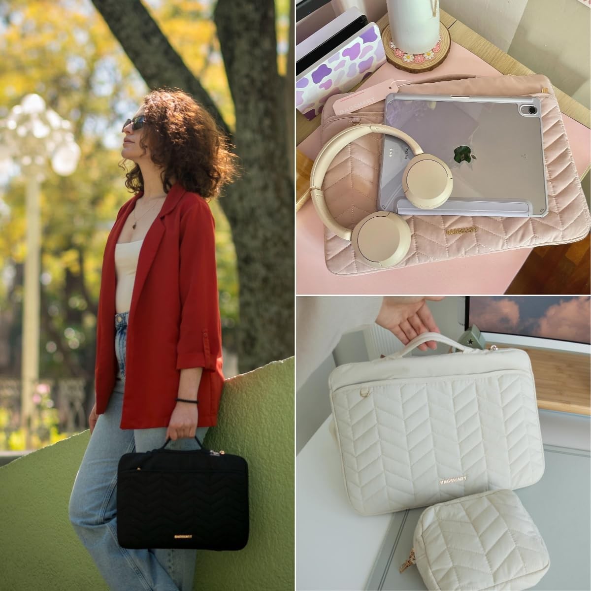 Puffy Padded Laptop Bag Sleeve for Women, Portable MacBook Air/Pro Case, Beige