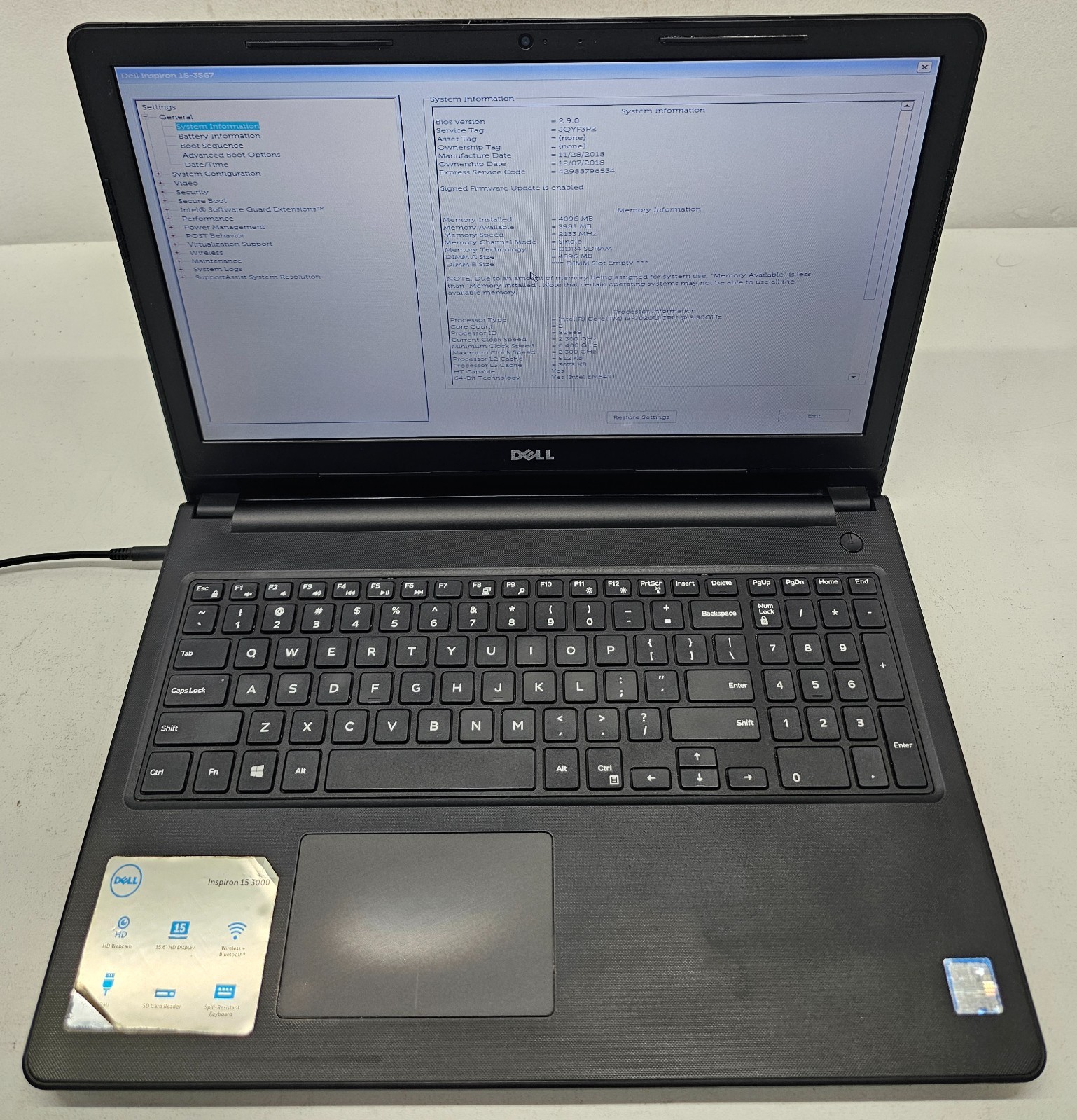 Dell Inspiron 15-3567 Laptop Intel Core i3-7020U 4GB RAM 1TB HDD NO OS (FL)