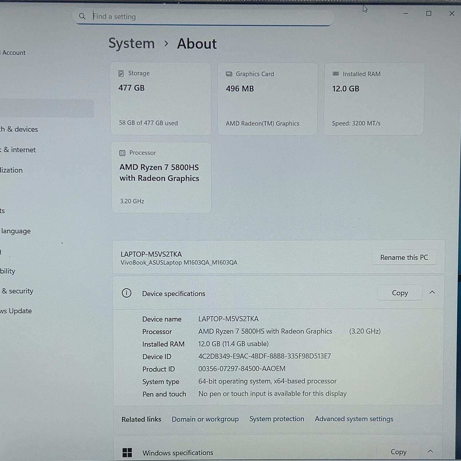 Broken Asus Vivobook 16 M1603Q 16″ Ryzen 7 5800HS 3.2GHz 12GB RAM 512GB SSD READ