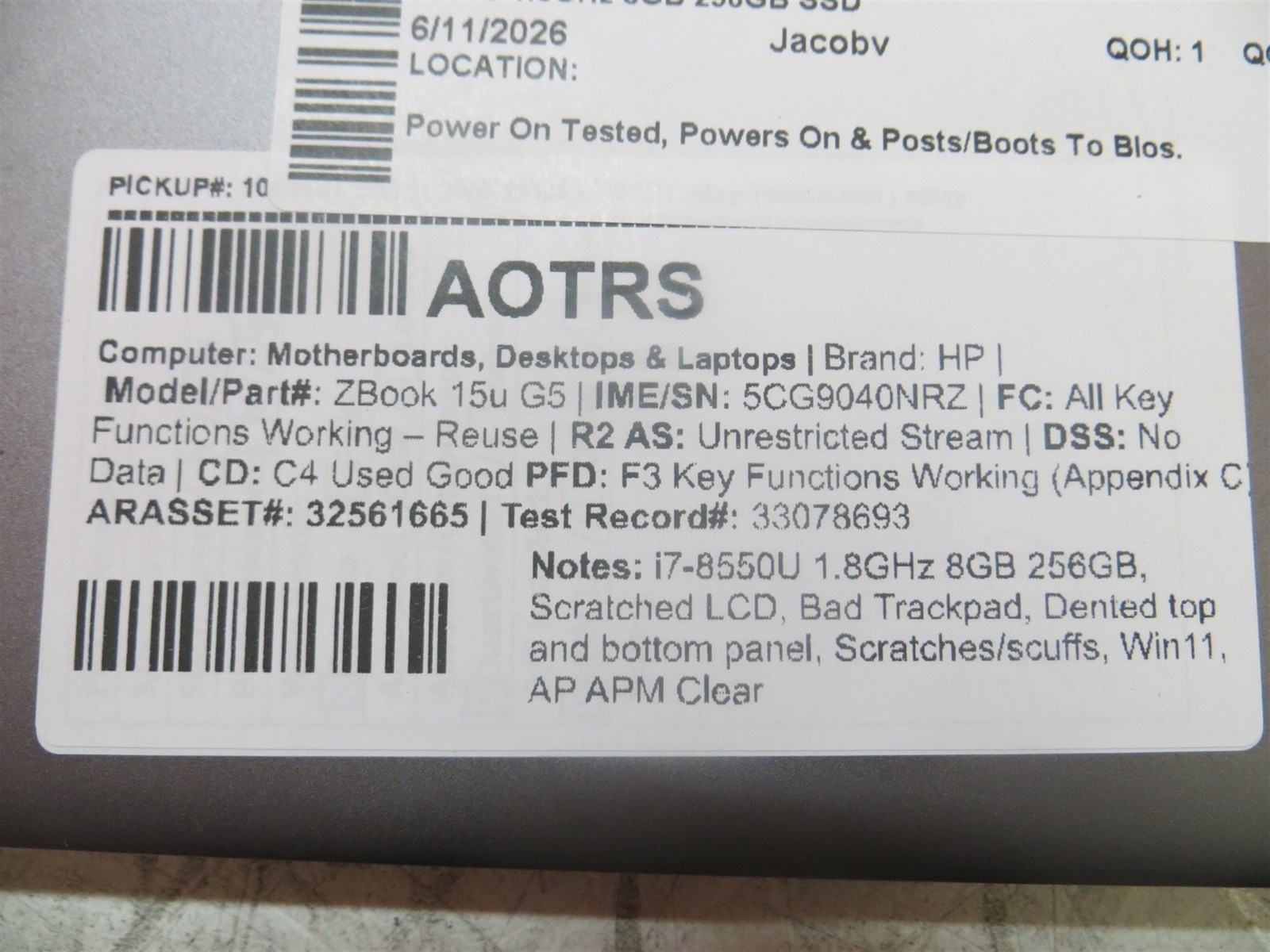 Trackpad Issues HP ZBook 15u G5 Laptop Intel i7-8550U 1.8GHz 8GB 256GB SSD