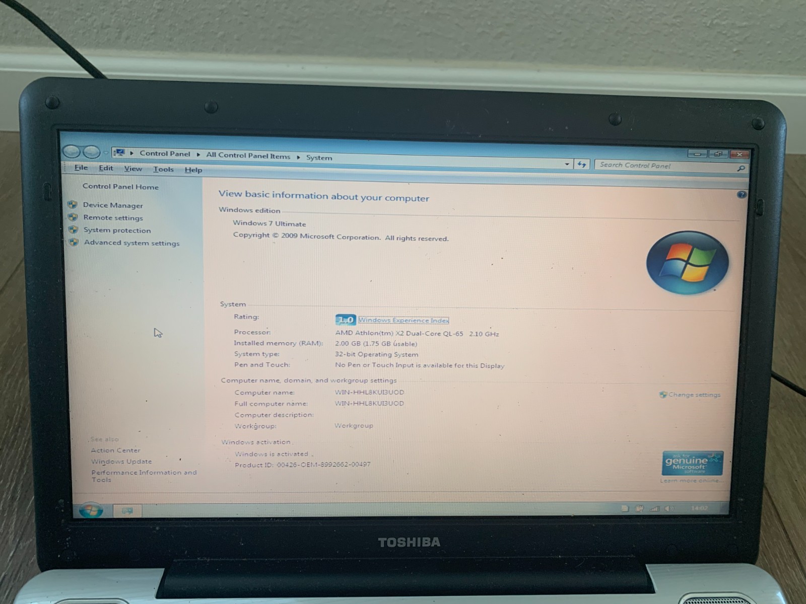 Toshiba Satellite L505D-S5965 AMD Athlon x2 Dual-Core QL-65 2.1GHz 3GB 250GB HDD