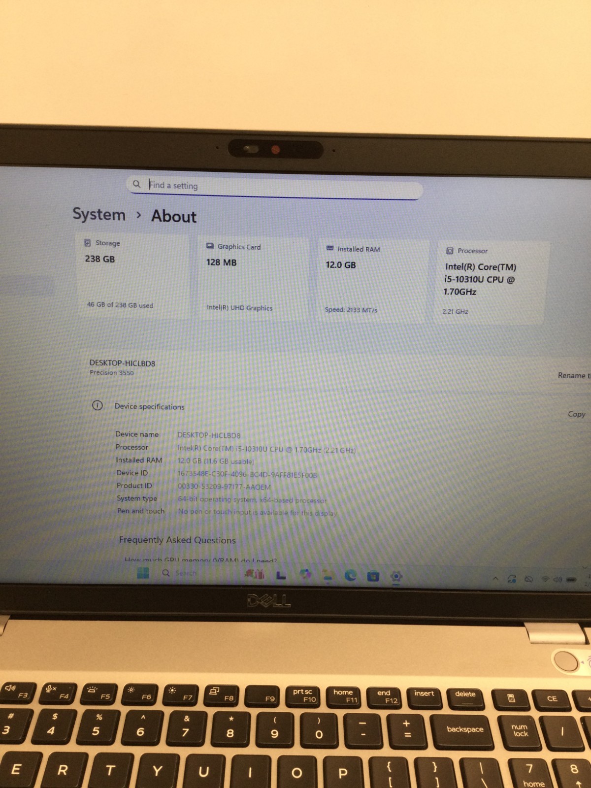Dell Precision 3550 15.6” 256GB SSD Core i5 10th Gen1.70GHz 12GB RAM WIN 11 PRO