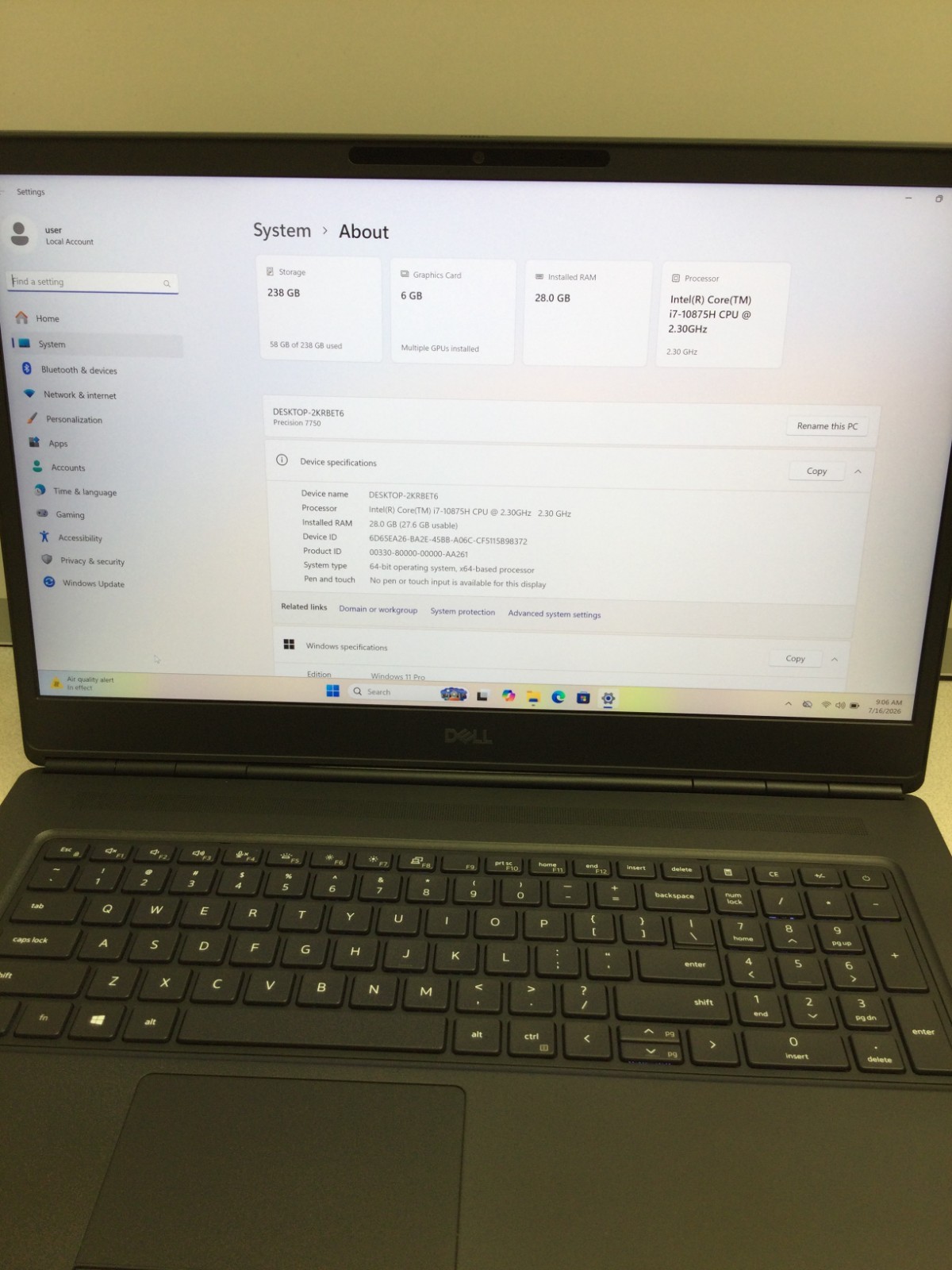 Dell Precision 7750 i7-10875H 2.30GHz 32GB 256GB NVMe 17.3″ RTX 4000