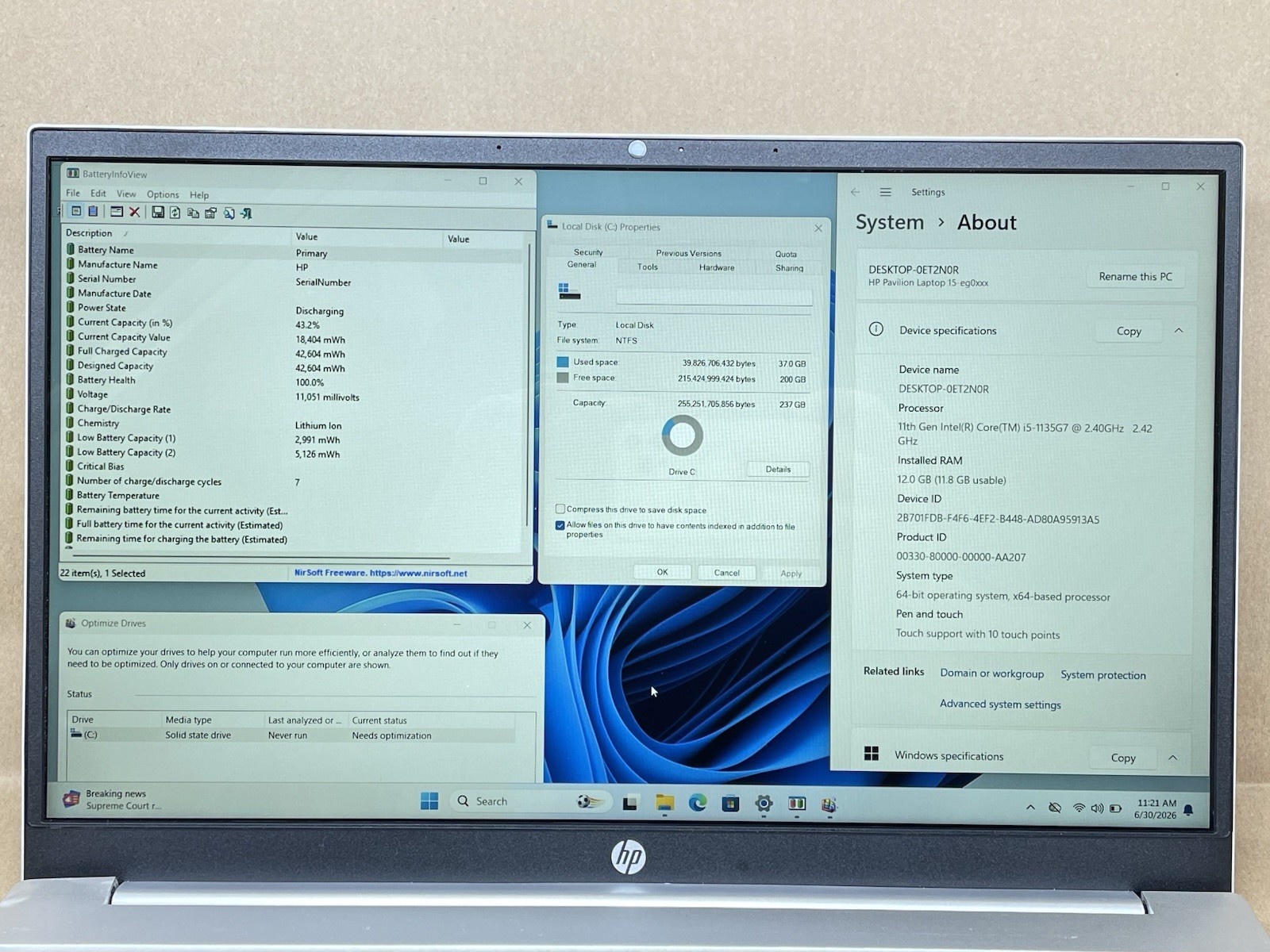 HP Pavilion 15-eg0053cl 15.6″ i5-1135G7 @2.40GHz 12GB RAM 256GB SSD Win 11 Pro
