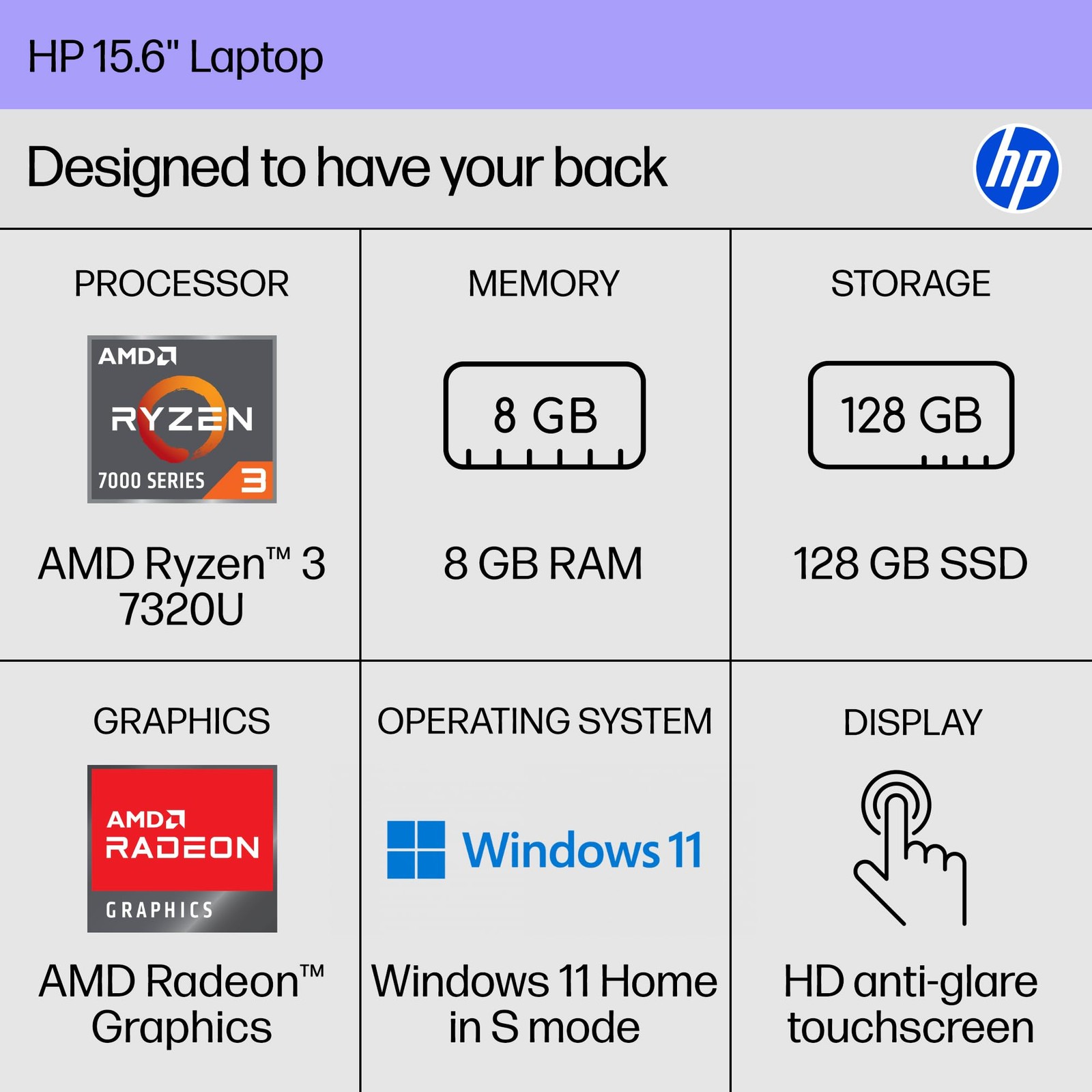 HP 15.6″ Touch Ryzen 3 7320U 8GB 128GB Win11 Home S Mode Silver 15- fc0099nr