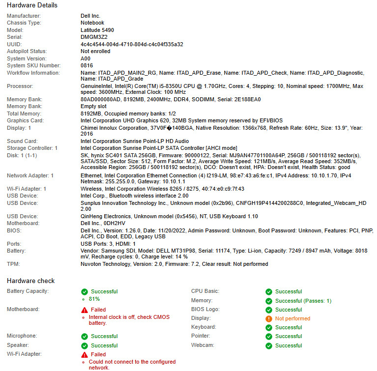Dell Latitude 5490, i5-8350U CPU, @ 1.70GHz, 8GB RAM, 256GB SATA-No OS/Adapter