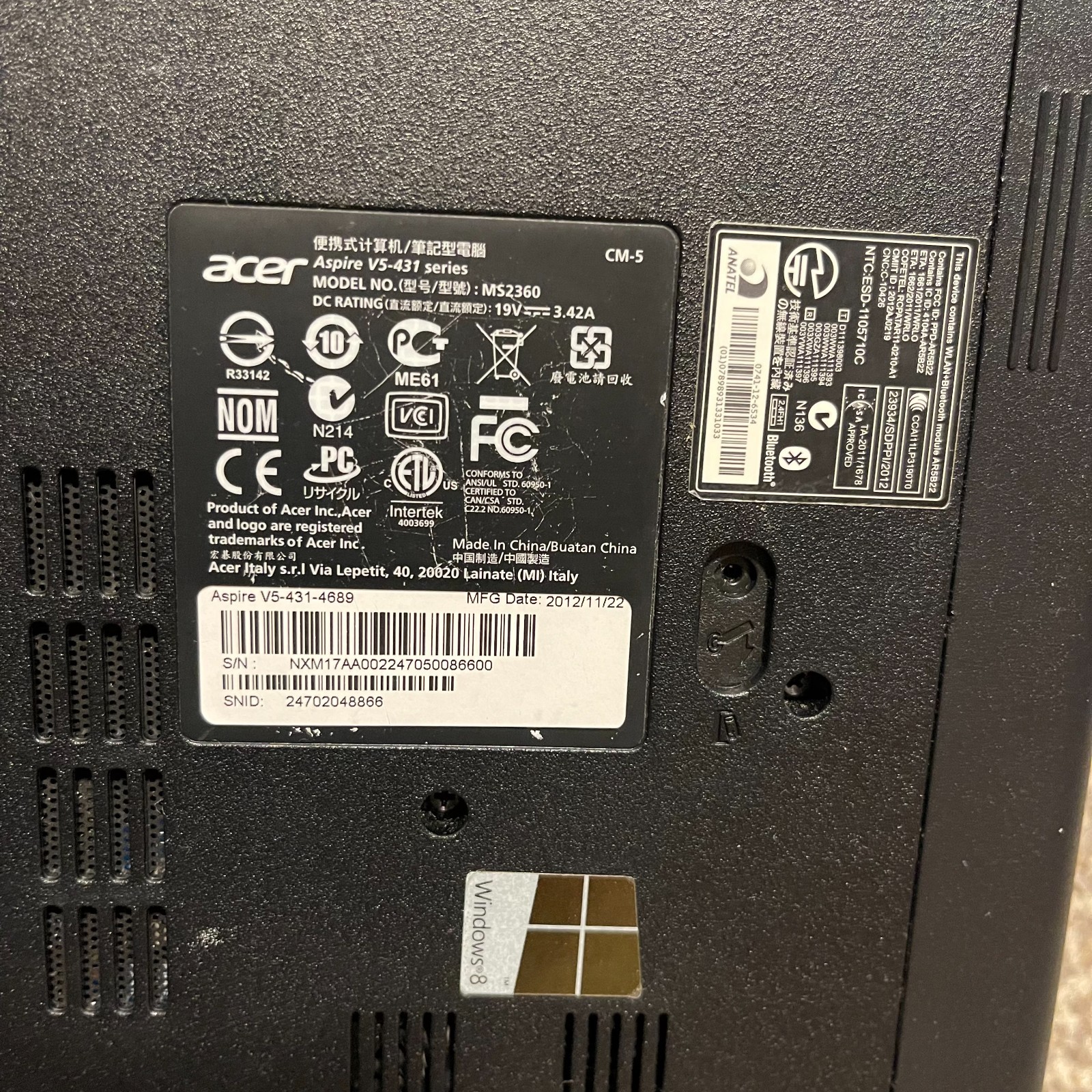 ACER ASPIRE V5-431 MS2360 INTEL CELERON 4GB RAM 14″ LAPTOP COMPUTER FOR PARTS