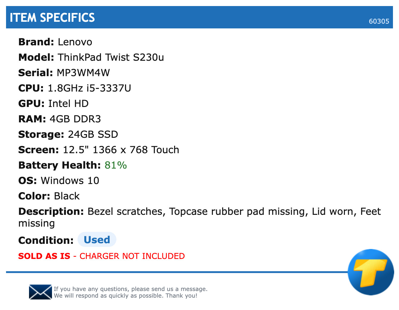Lenovo ThinkPad Twist S230u – 12.5″ HD Touch, 1.8GHz i5, 4GB RAM, 24GB SSD