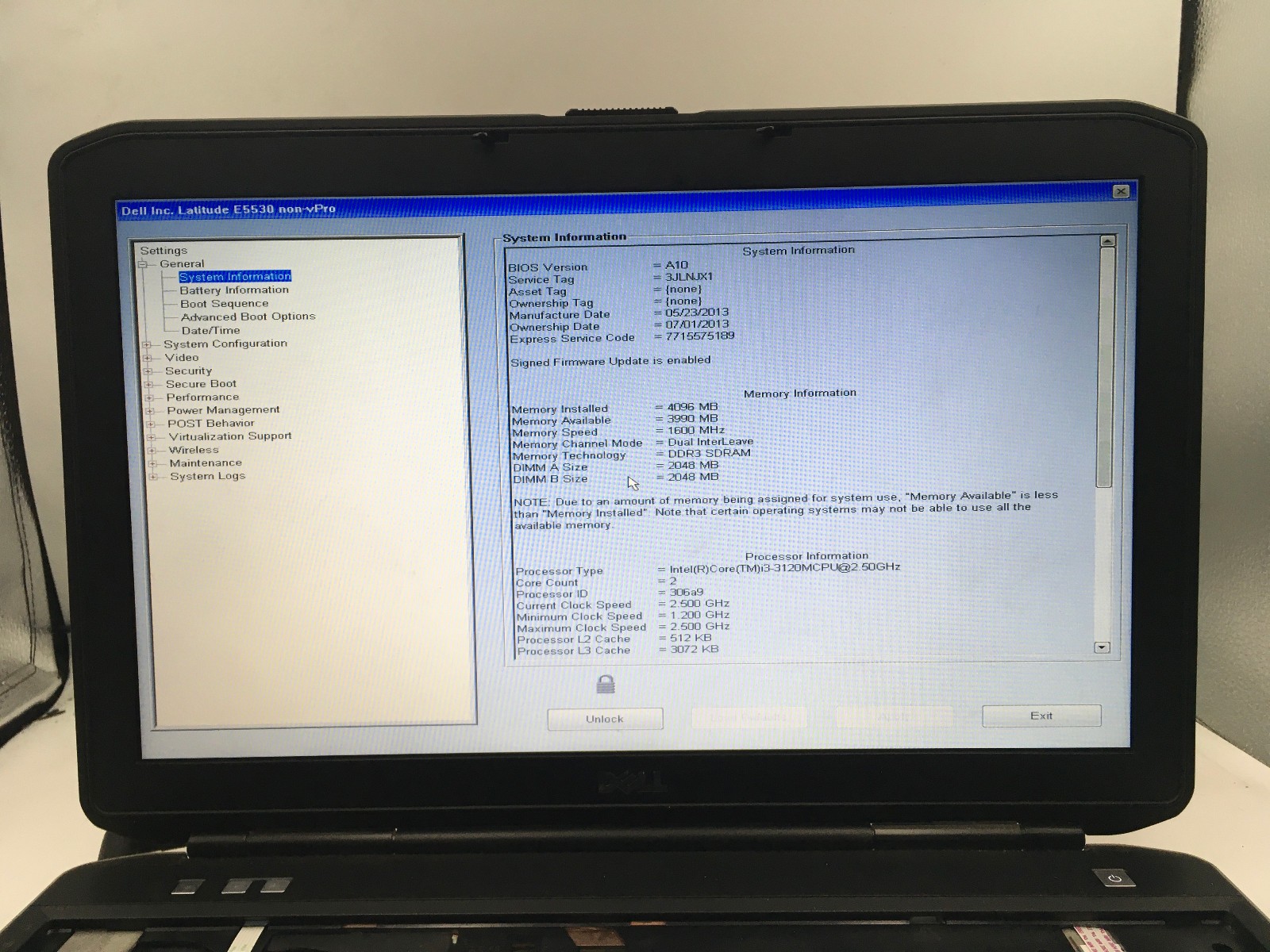 DELL LATITUDE E5530 – BOOTS TO BIOS/LOCKED – INTEL I3 3120M – 4GB RAM – READ -BB