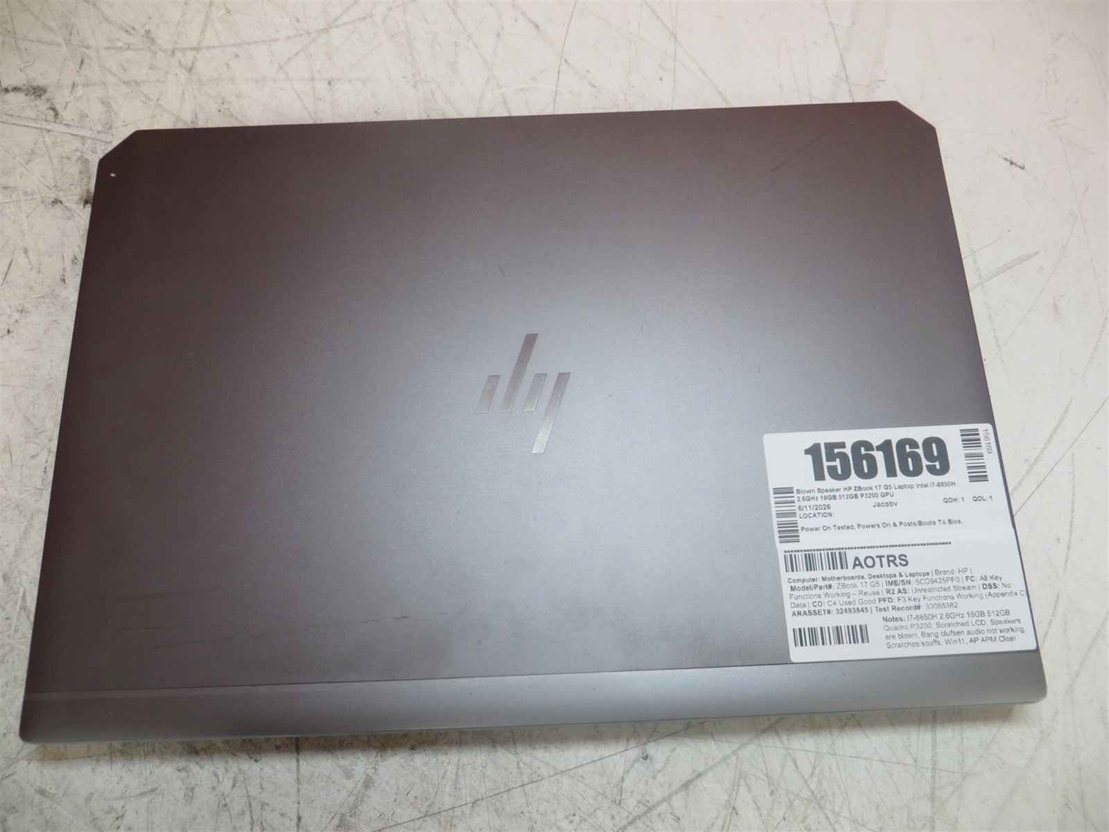 Blown Speaker HP ZBook 17 G5 Laptop Intel i7-8850H 2.6GHz 16GB 512GB P3200 GPU