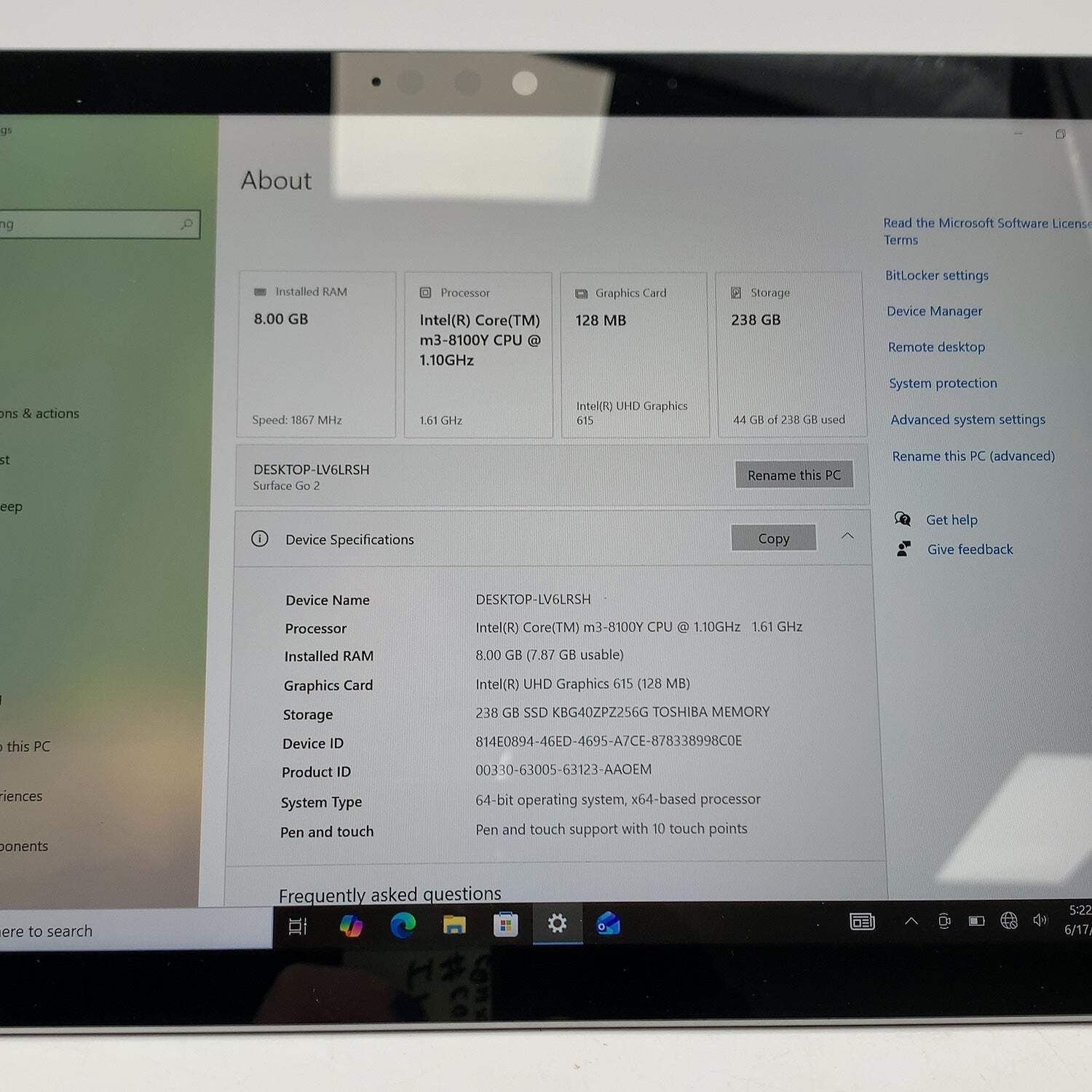 Microsoft Surface Go 2 1927 10.5″ m3-8100Y 1.1GHz 8GB RAM 256GB SSD