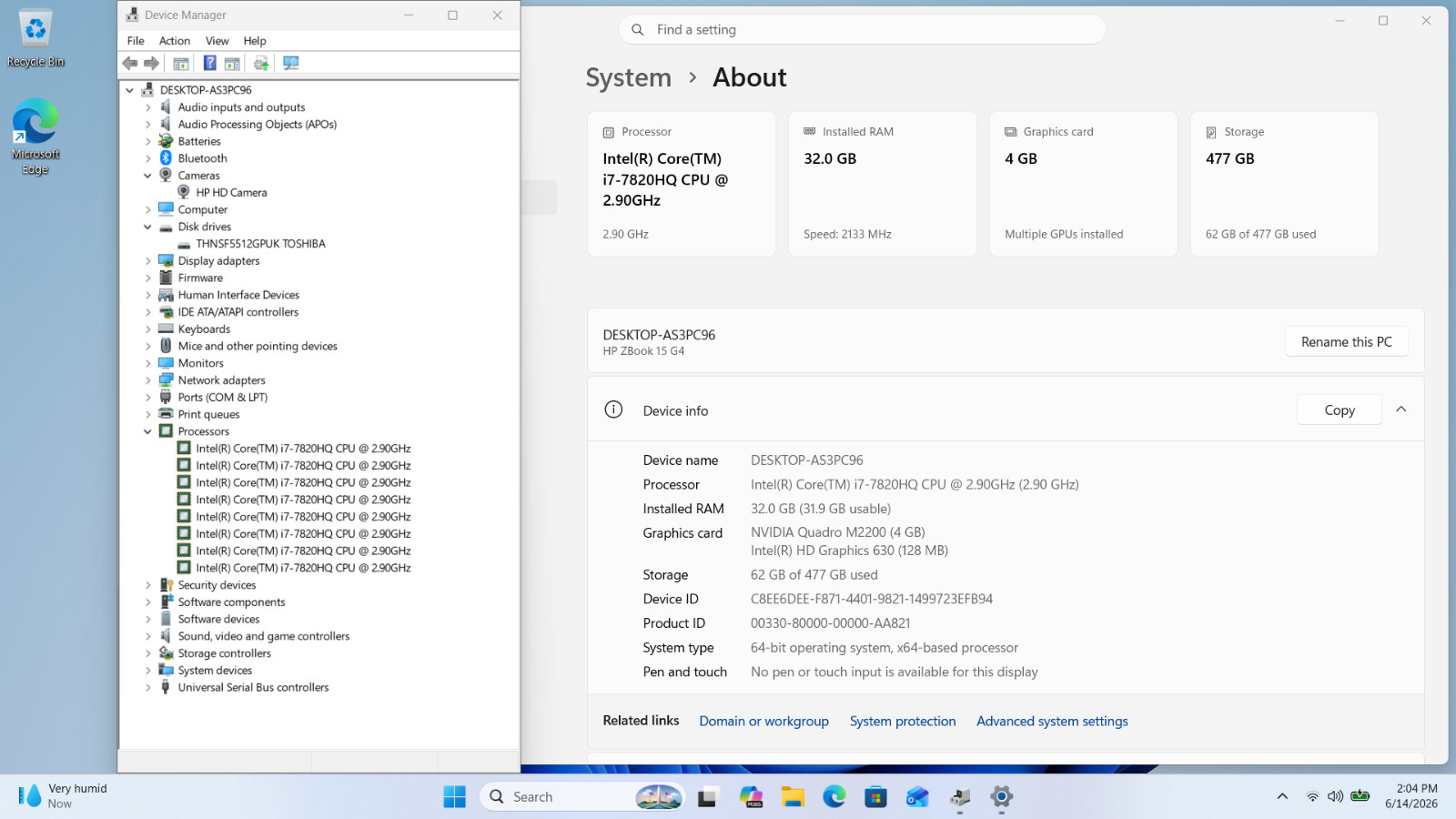 HP Zbook 15 G4 Laptop 15.6″ i7-7820HQ 32GB 512GB NVIDIA Quadro M2200M 4GB – Good