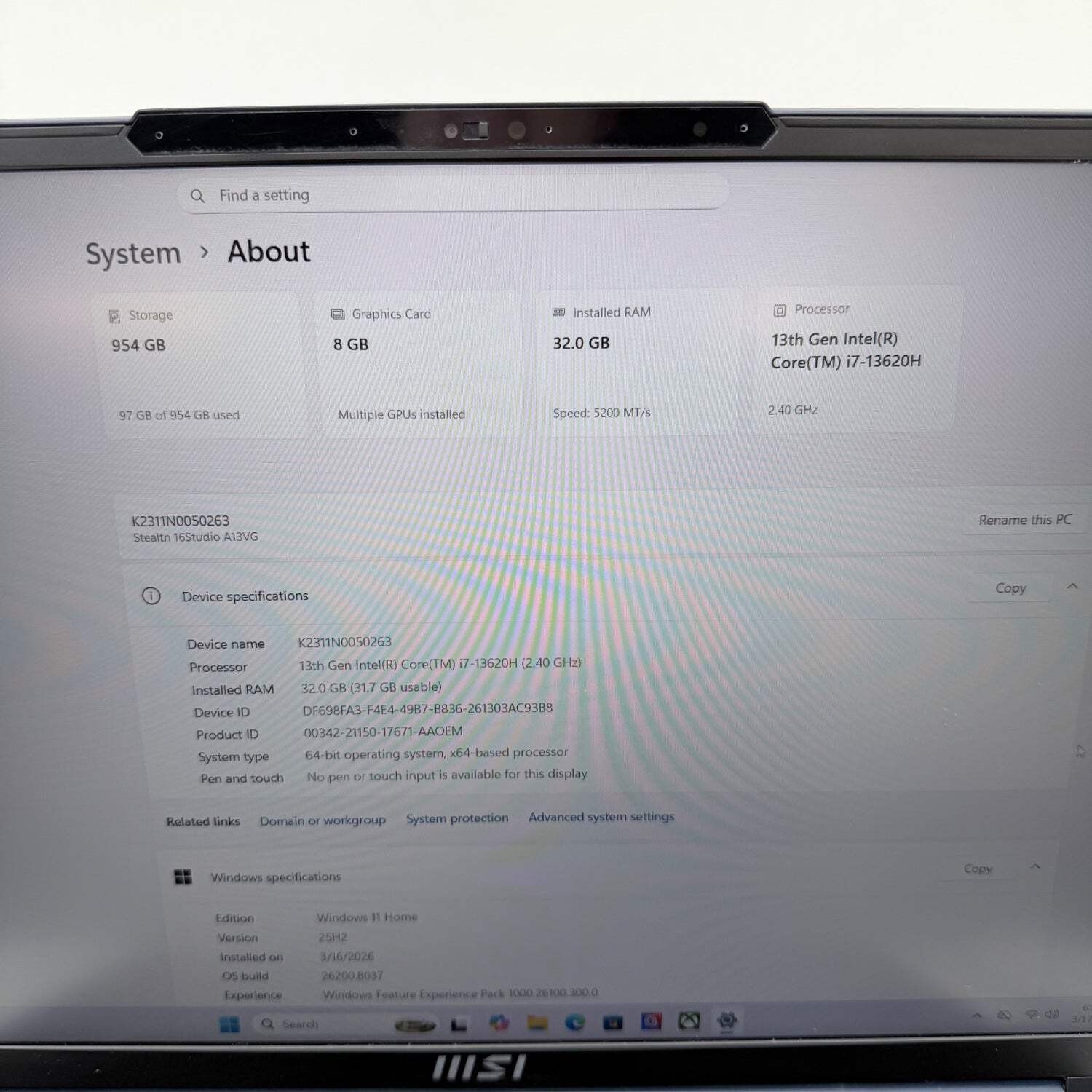 Broken MSI Stealth 16 Studio A13VG i7-13620H 32GB RAM 1TB SSD RTX 4070 Bad Batt