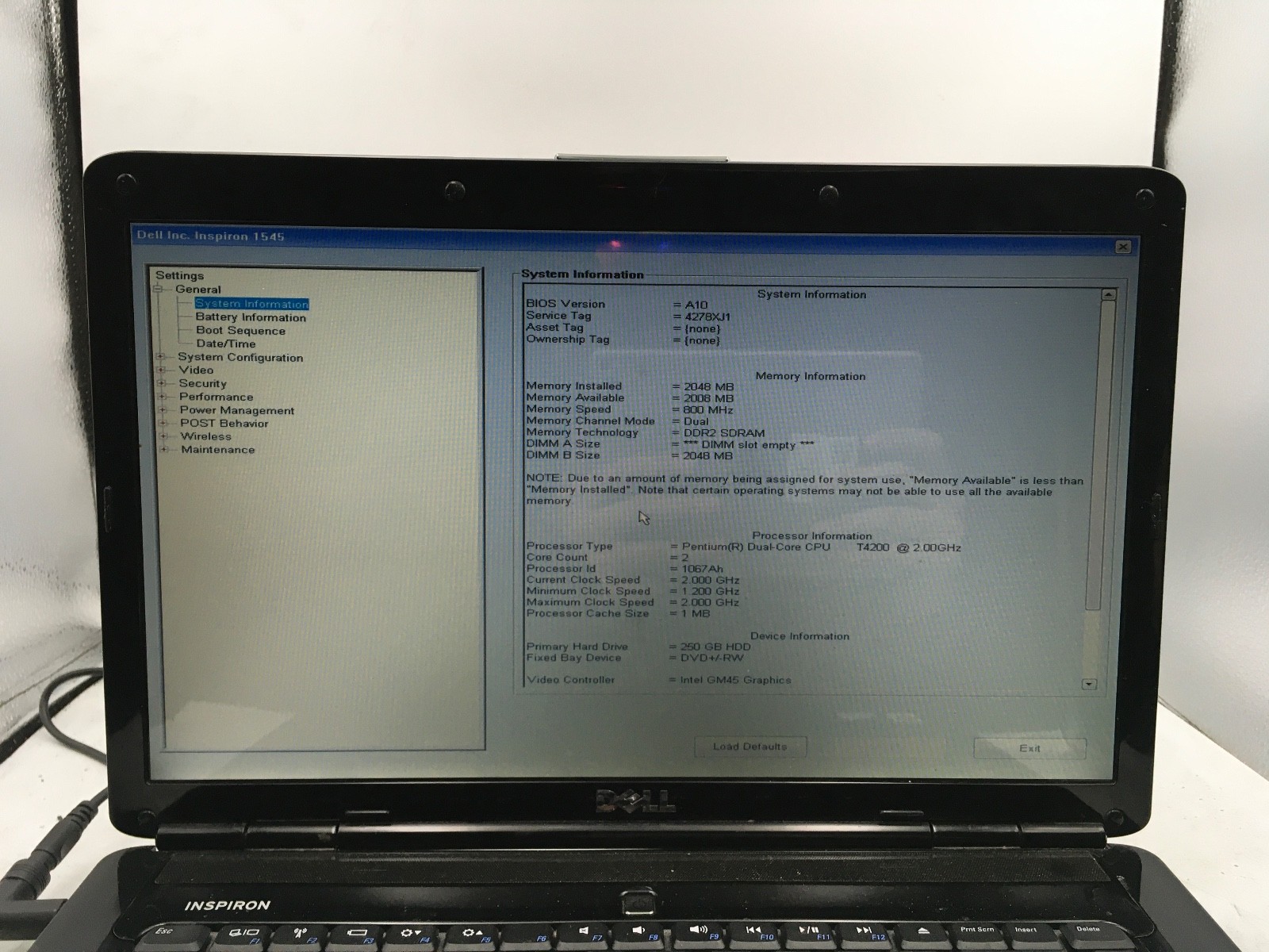 DELL INSPIRON 1545 – BOOTS TO BIOS – INTEL DUAL CORE – 2GB RAM – READ DESCRIP-BB