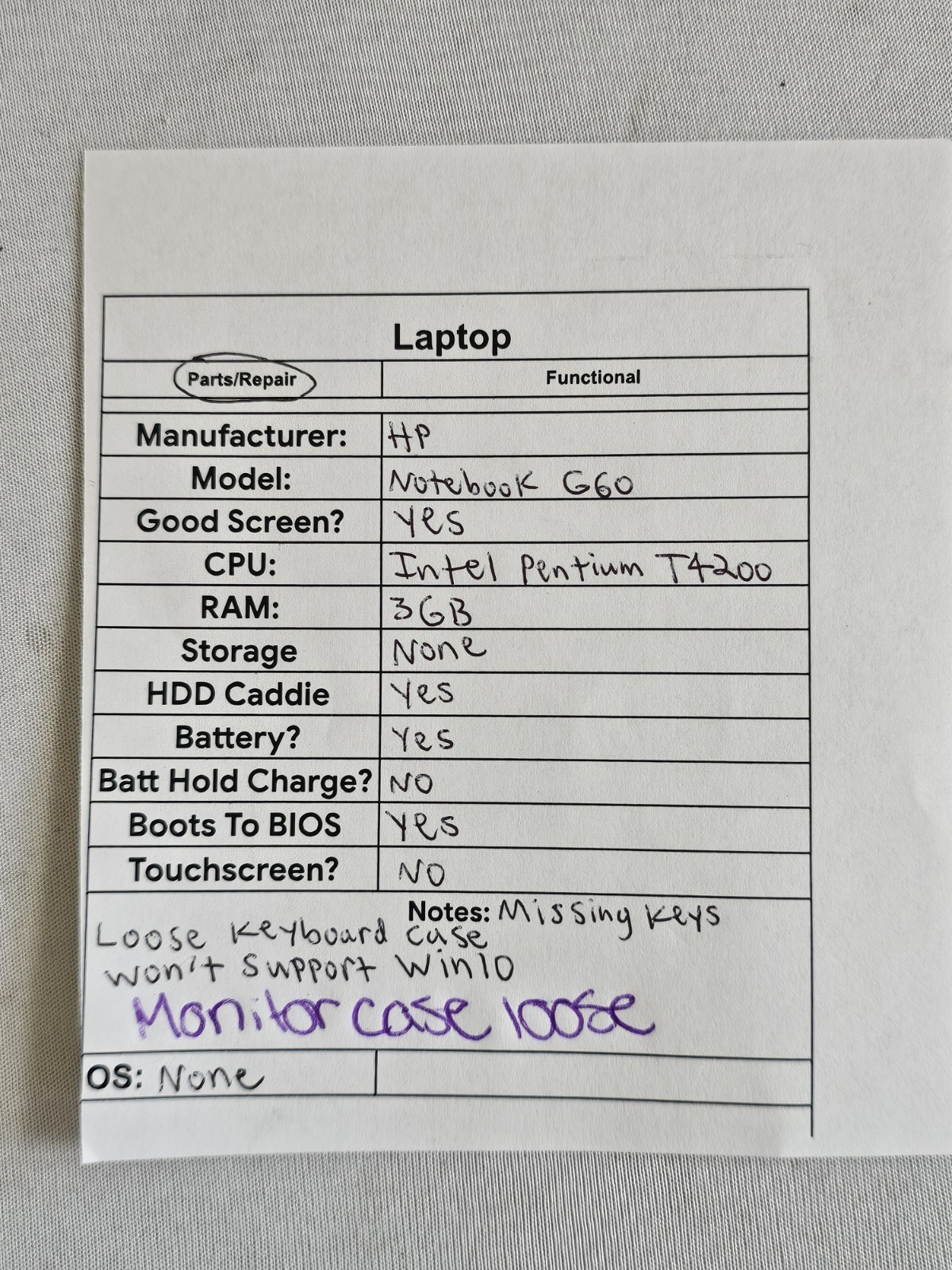 HP Notebook G60 Laptop – Intel Pentium T4200 – 3GB RAM – Parts/Repair – READ