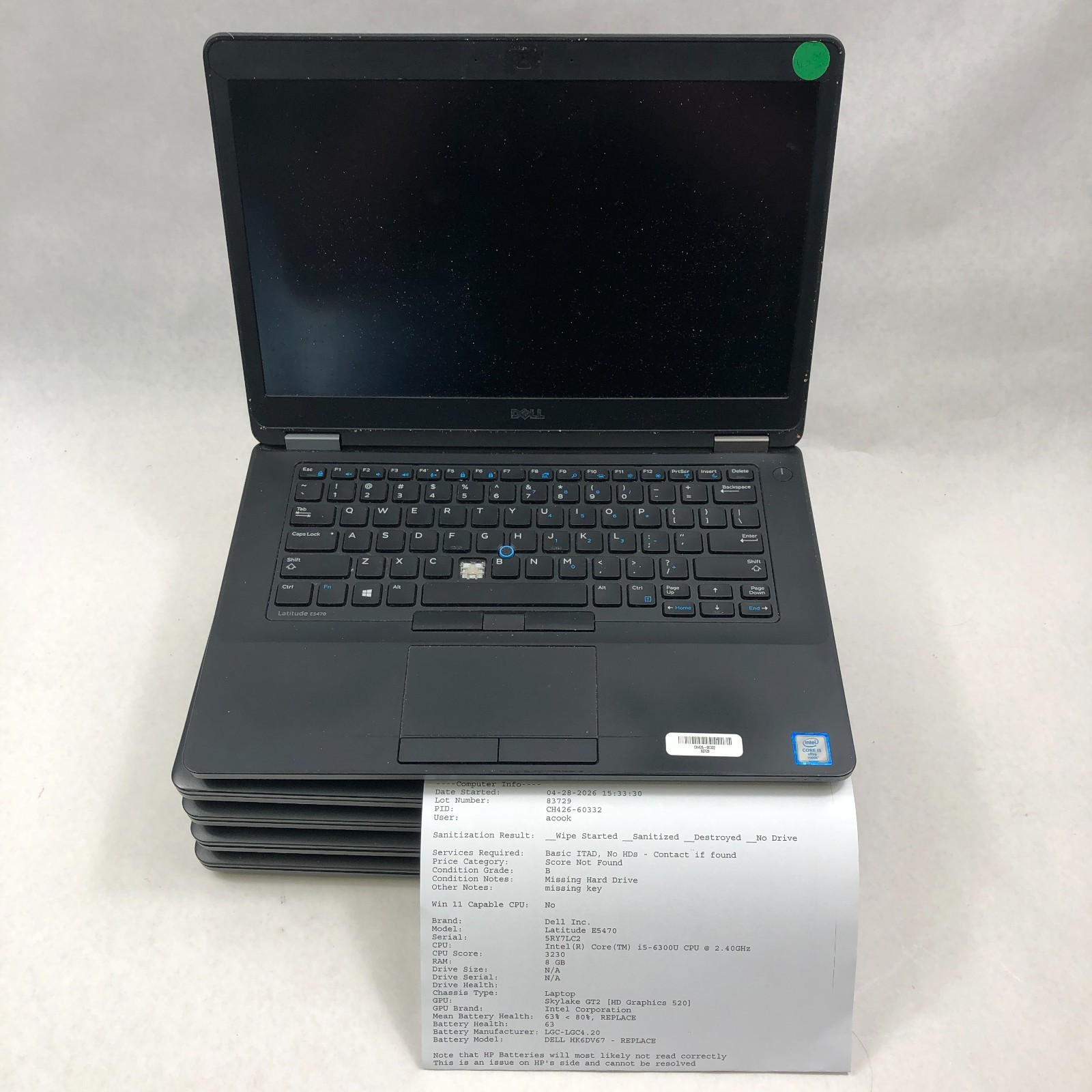 Lot of 5 Dell Latitude E5470 Intel Core i5-6300U 4/8GB RAM No HDD *Read*