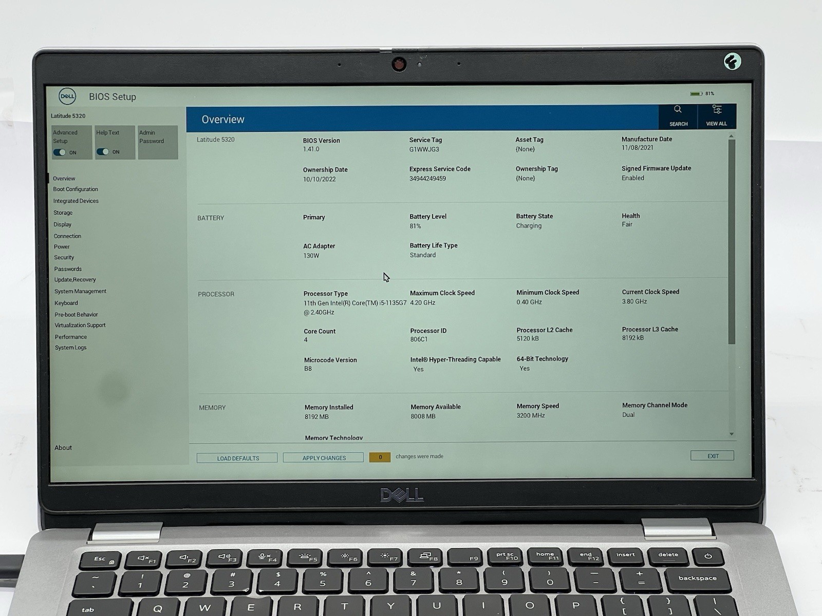 Dell Latitude 5320, Intel i5-1135G7, @2.40GHz, 8GB RAM, 256GB NVMe-No OS/Adapter