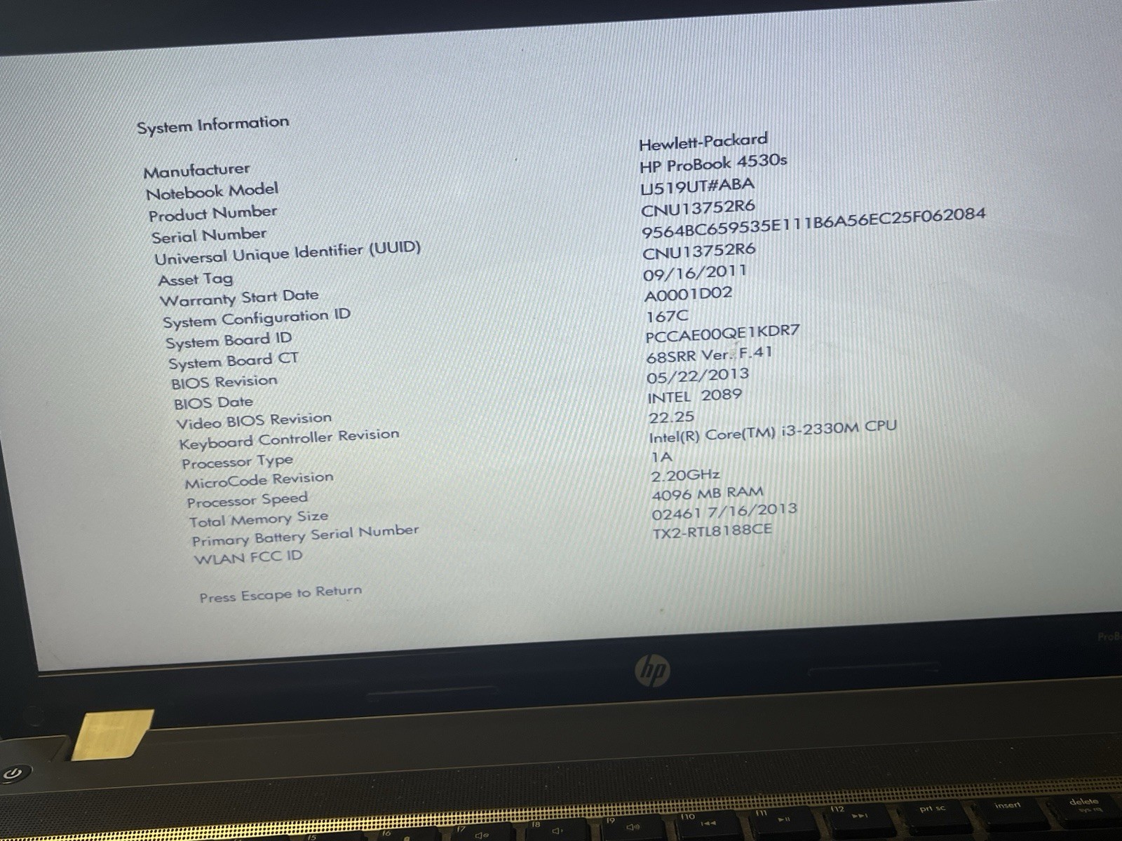 HP Probook 4530s Intel Core i3-2330m 2.20ghz 4GB Ram 320GB HDD