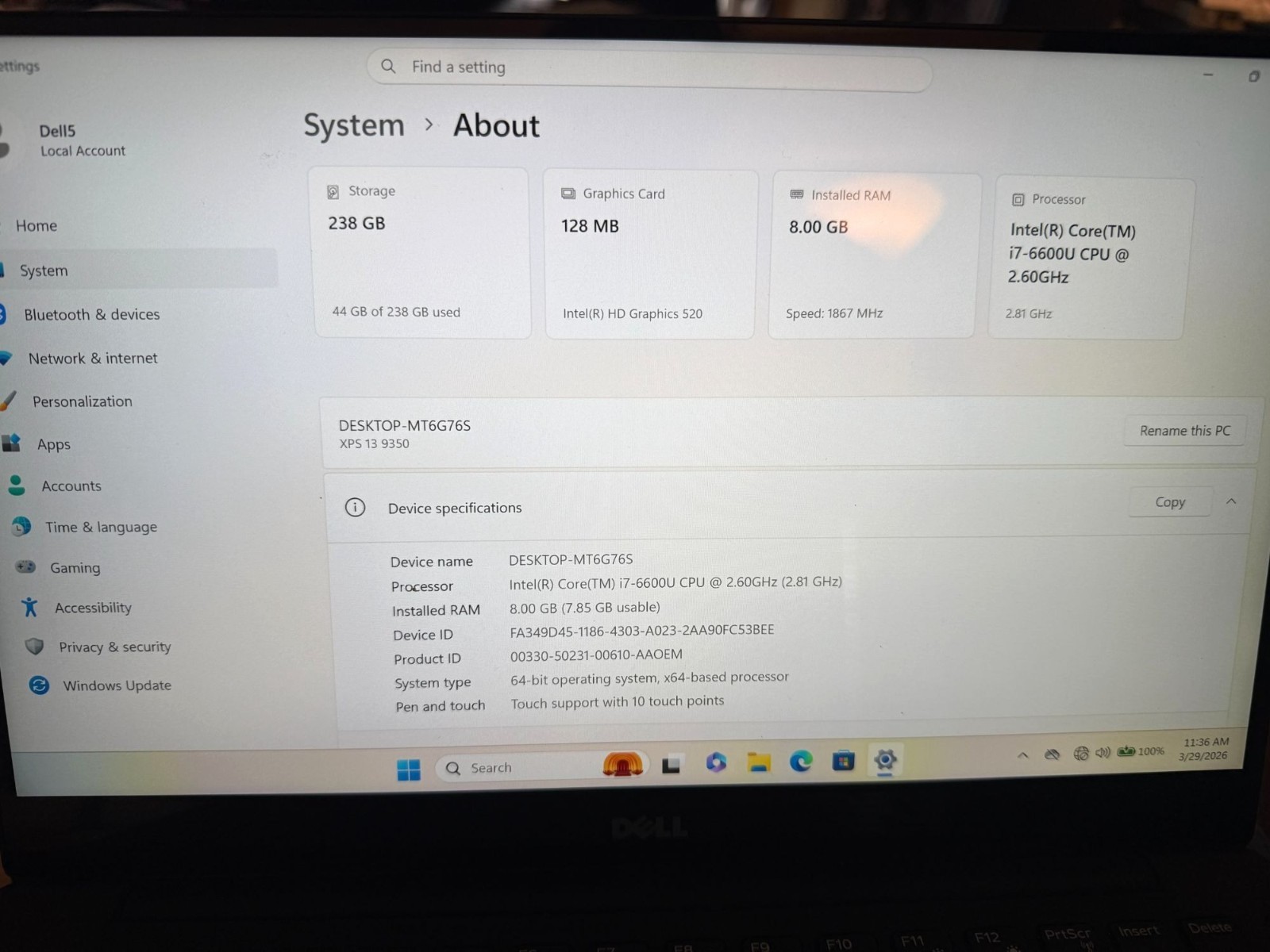 Dell XPS 13 9350 13″ Laptop Intel i7-6600U 8GB RAM 256GB SSD Win11 Touchscreen