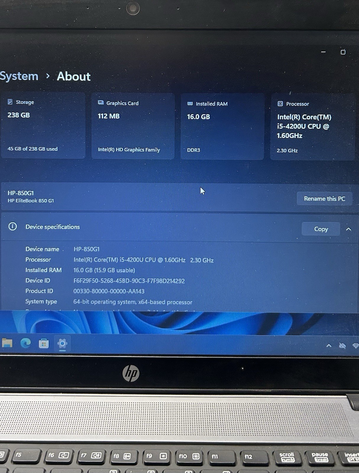 HP EliteBook 850 G1 15″ Core i5-4200U 1.6GHz 256GB SSD 16GB Wifi Webcam Win 11