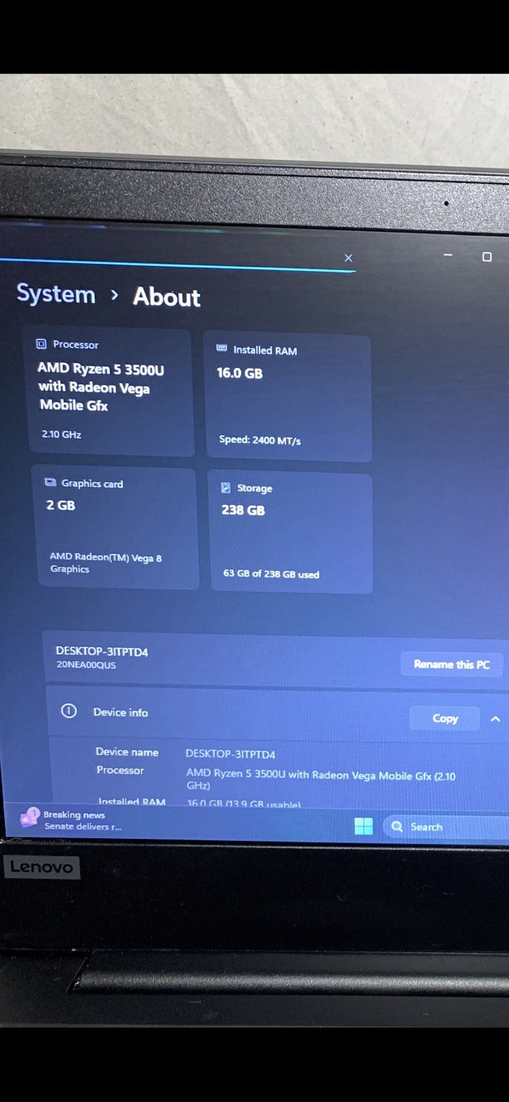 Lenovo ThinkPad E495 Ryzen 5 3500U 16GB 256GB SSD Win11 14in Vega 8 iGPU