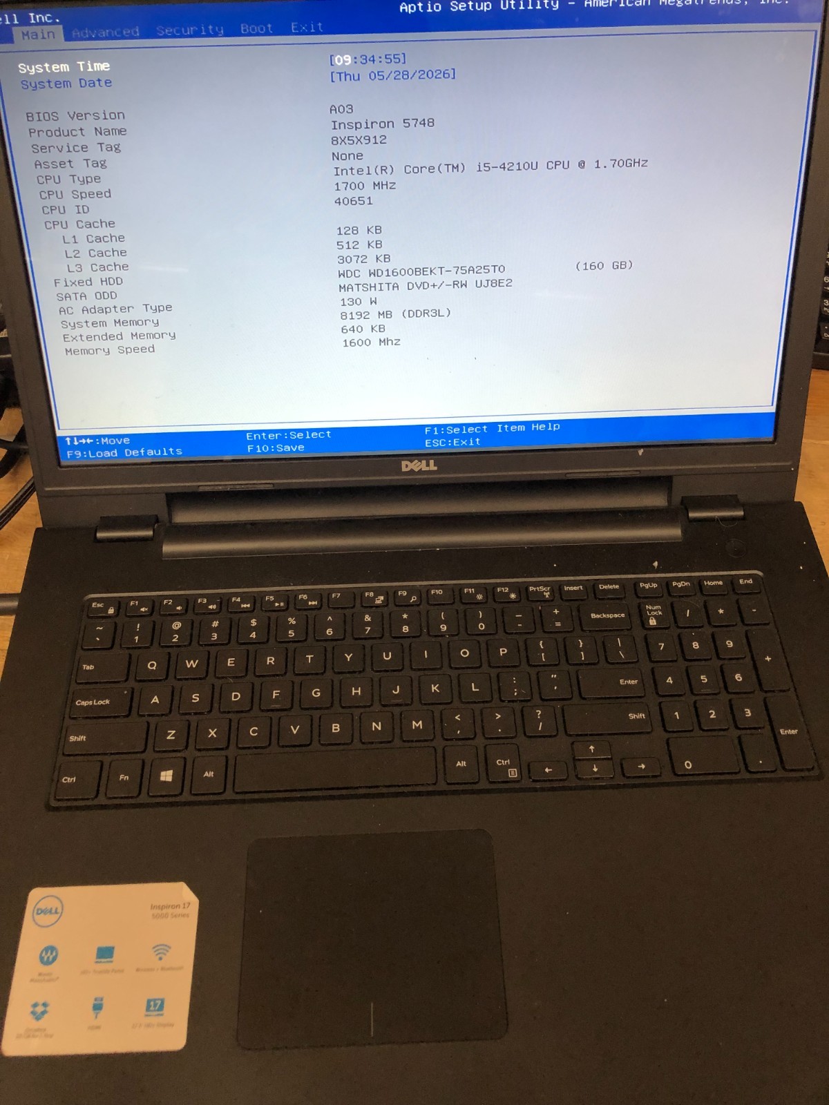 Dell Inspiron 5748 laptop 17.3 ” i5-4210U, 8GB, No Hard Drive