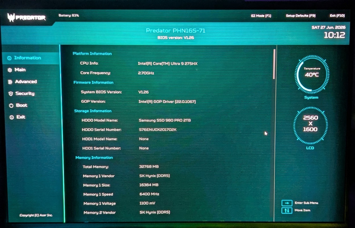 Acer Predator Helios Neo 16S Intel Ultra 9 275HX 32GB RAM NVIDA GeForce 5070 Ti