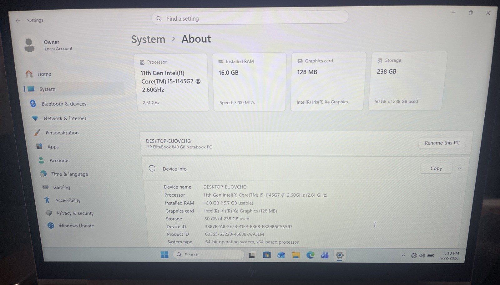 HP EliteBook 840 G8 14″ i5-1145G7@2.6GHz, 16GB RAM, 256GB M2, Win 11 Pro