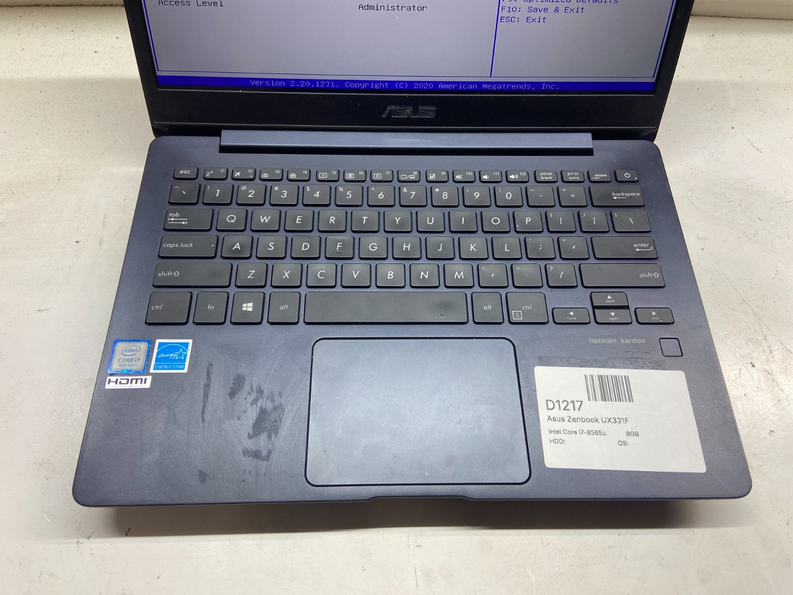 Asus Zenbook UX331F Intel Core i7-8565u 1.8GHz 8GB NO HDD