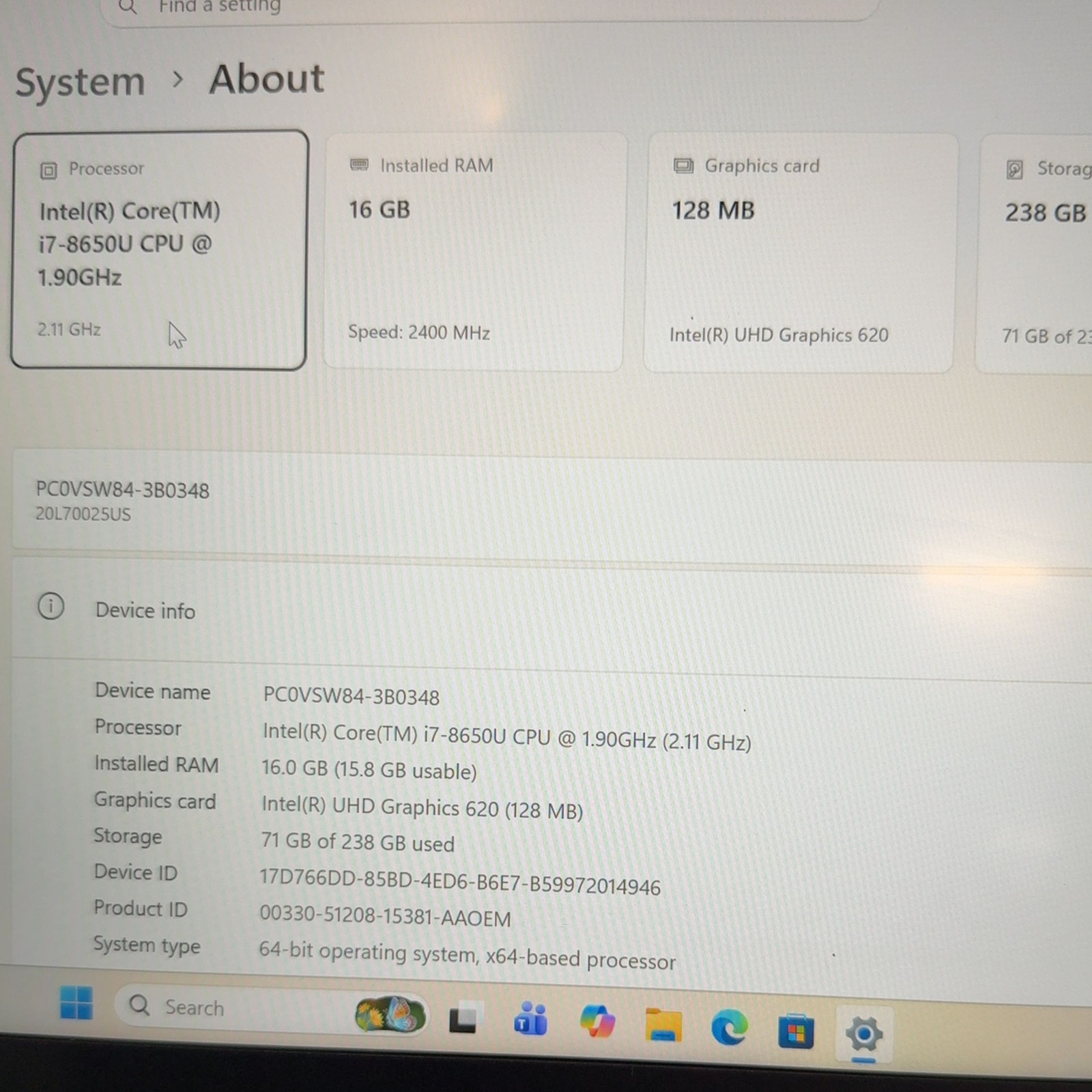 Lenovo ThinkPad T480s i7-8650U 1.90GHz 16GB RAM 256GB SSD Win 11 Pro