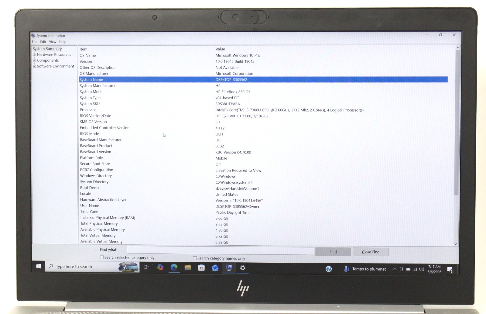 HP Elitebook 850 G5 15.6″ 256GB SSD 8GB RAM 2.3GHz i5-7300U Laptop; 6181308
