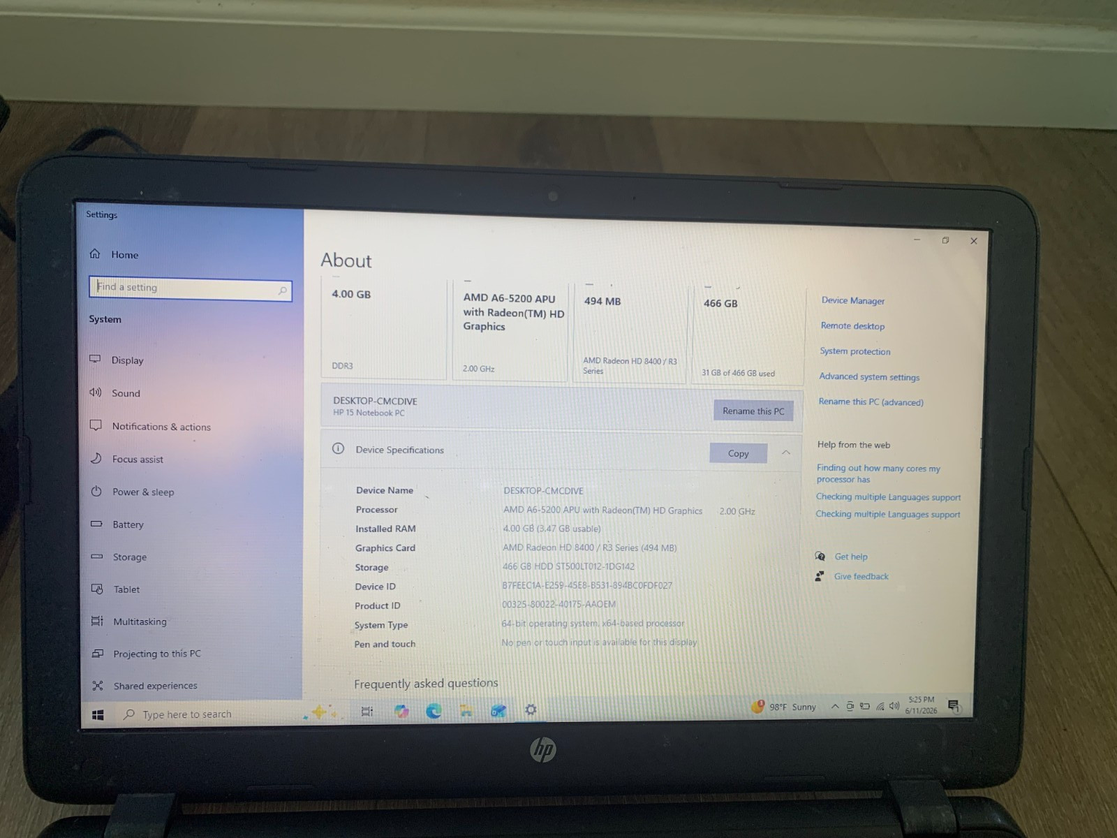 HP 15-f305dx 15.6″ AMD A6-5200 APU 2.00GHz 4GB RAM 500GB HDD Win 10 Home