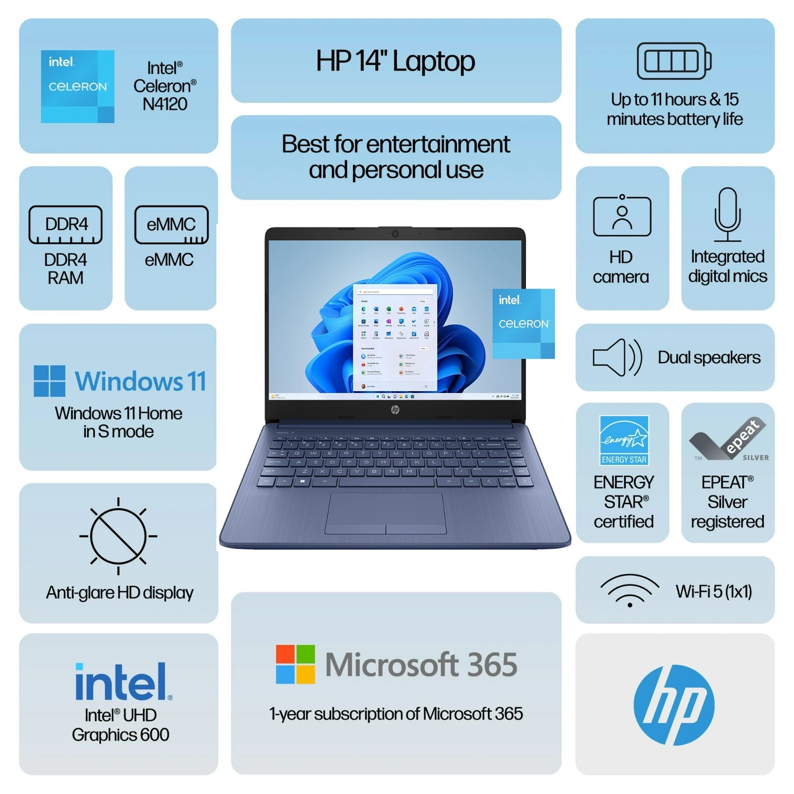 HP 2024 Newest Laptop 14″HD Intel 4-Core Up to 16GB RAM & 320GB Storage Blue