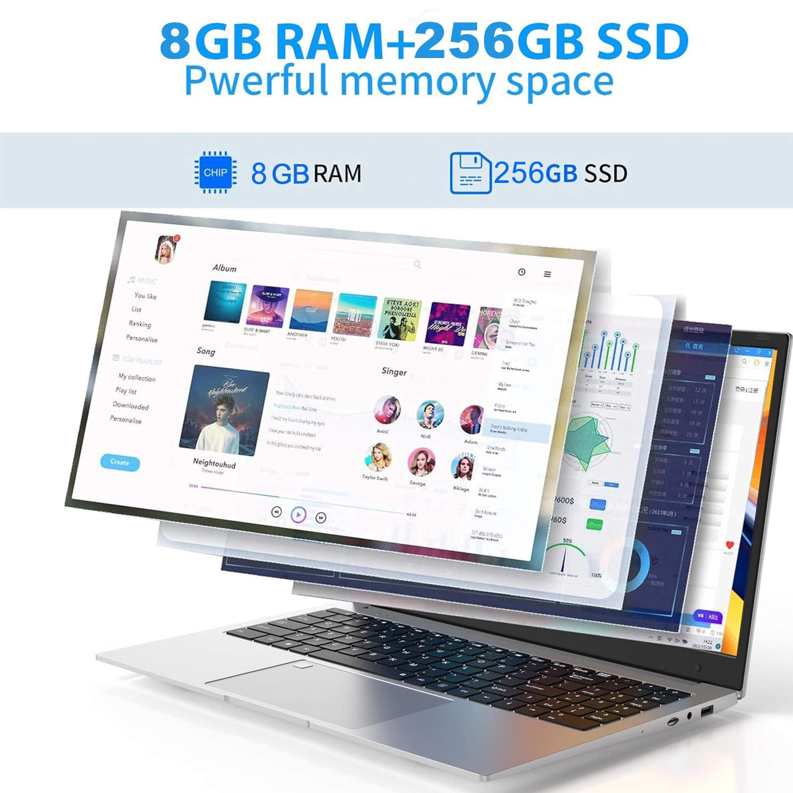 15.6” IPS Laptop Intel Celeron N5095 DDR4 RAM-8GB SSD-256GB Windows Notebook PC