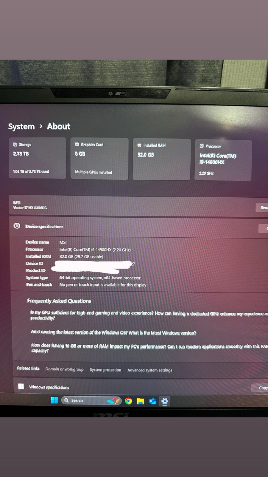 MSI Vector 17 HX A14V Gaming Laptop (i9-14900HX, RTX 4070, 32GB, 1TB SSD, 240Hz)