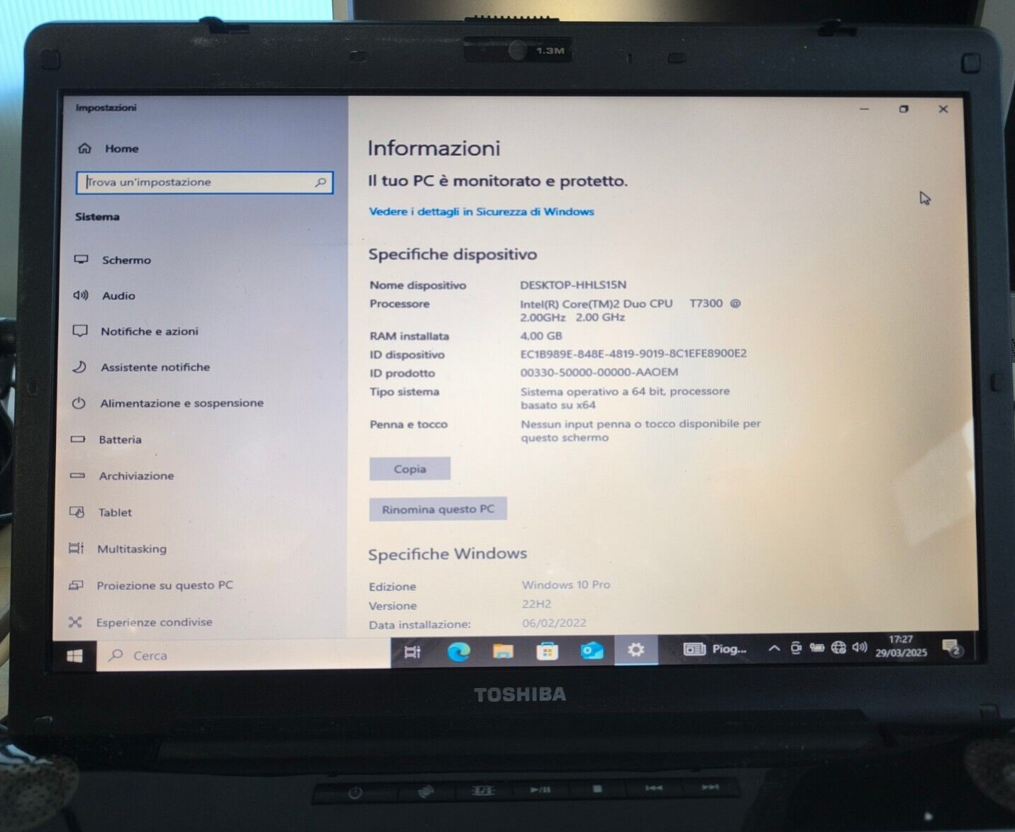 Toshiba Satellite A200-1L5 Intel Core 2 Duo T7300 2.00GHz 4GB RAM HDD 500GB